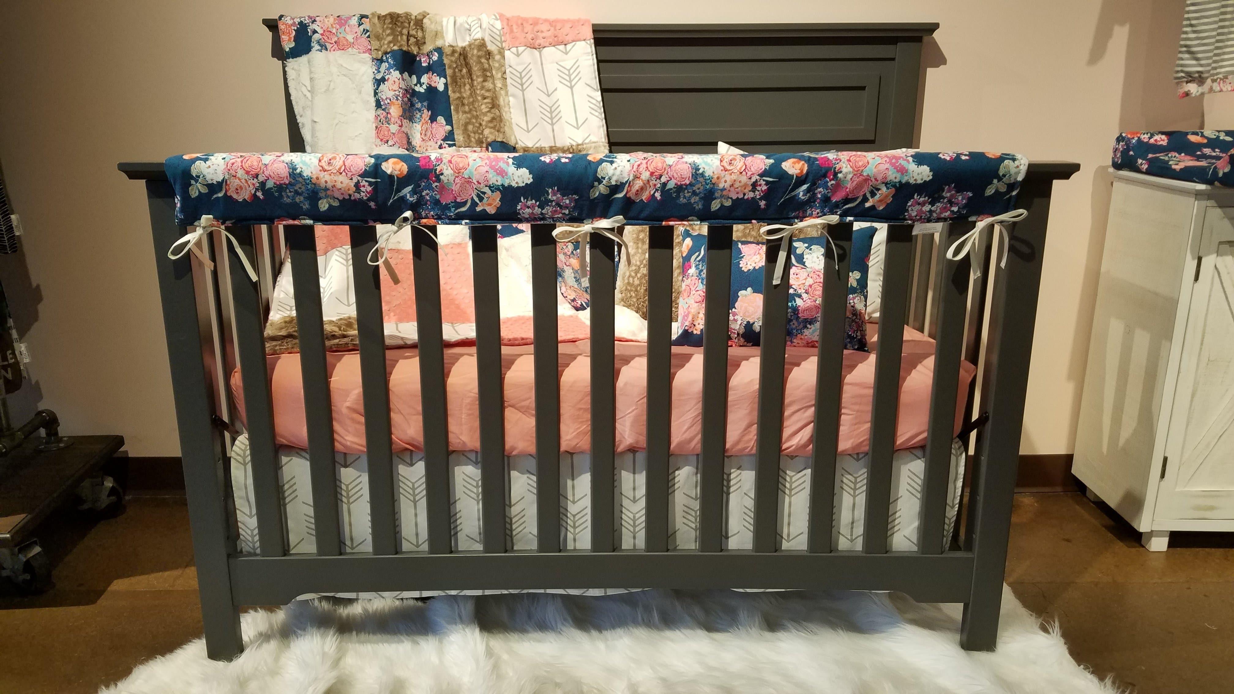 Girl Crib Bedding - Navy Coral Floral and Fawn Minky Floral Baby Bedding