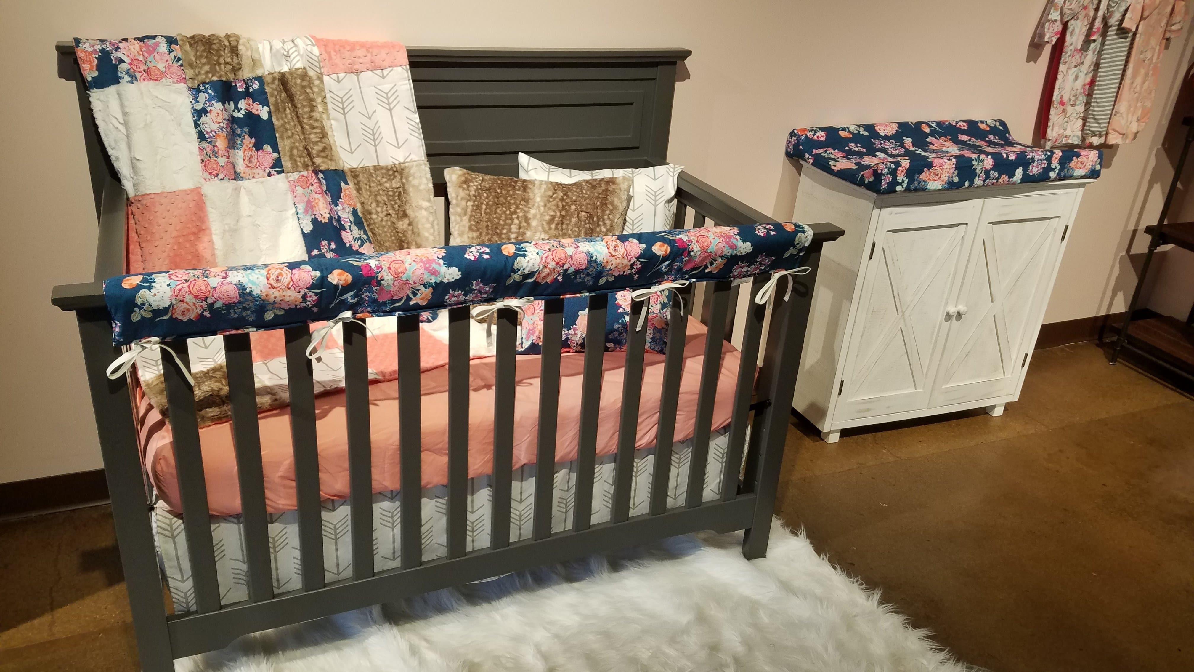 Girl Crib Bedding - Navy Coral Floral and Fawn Minky Floral Baby Bedding