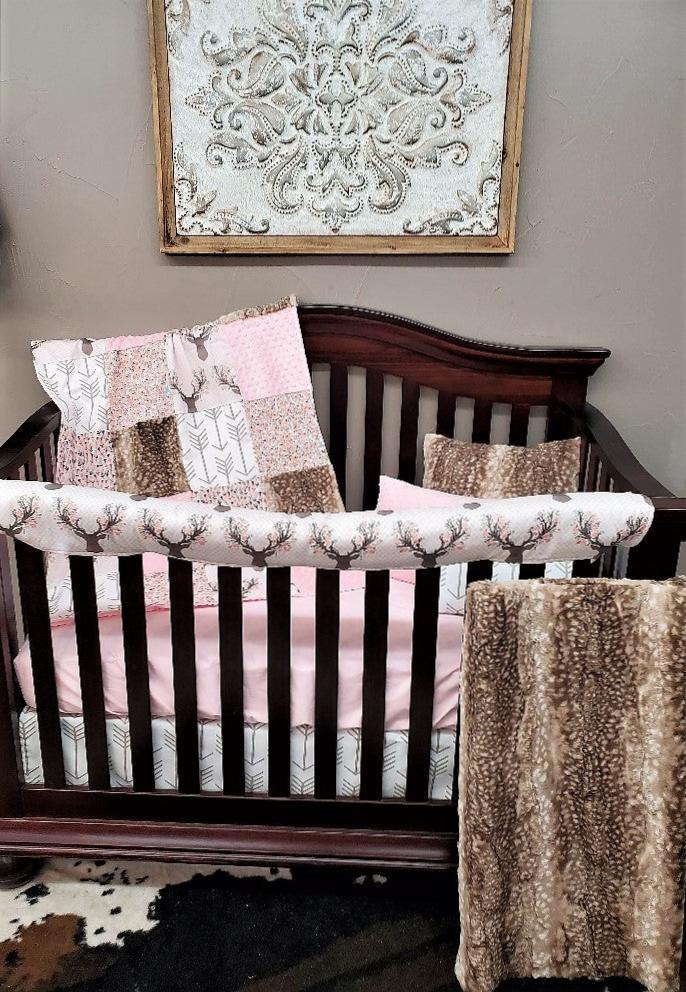 Girl Crib Bedding - Tulip Fawn and Feather Woodland Girl Baby Bedding Collection