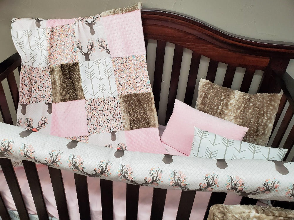 Girl Crib Bedding - Tulip Fawn and Feather Woodland Girl Baby Bedding Collection