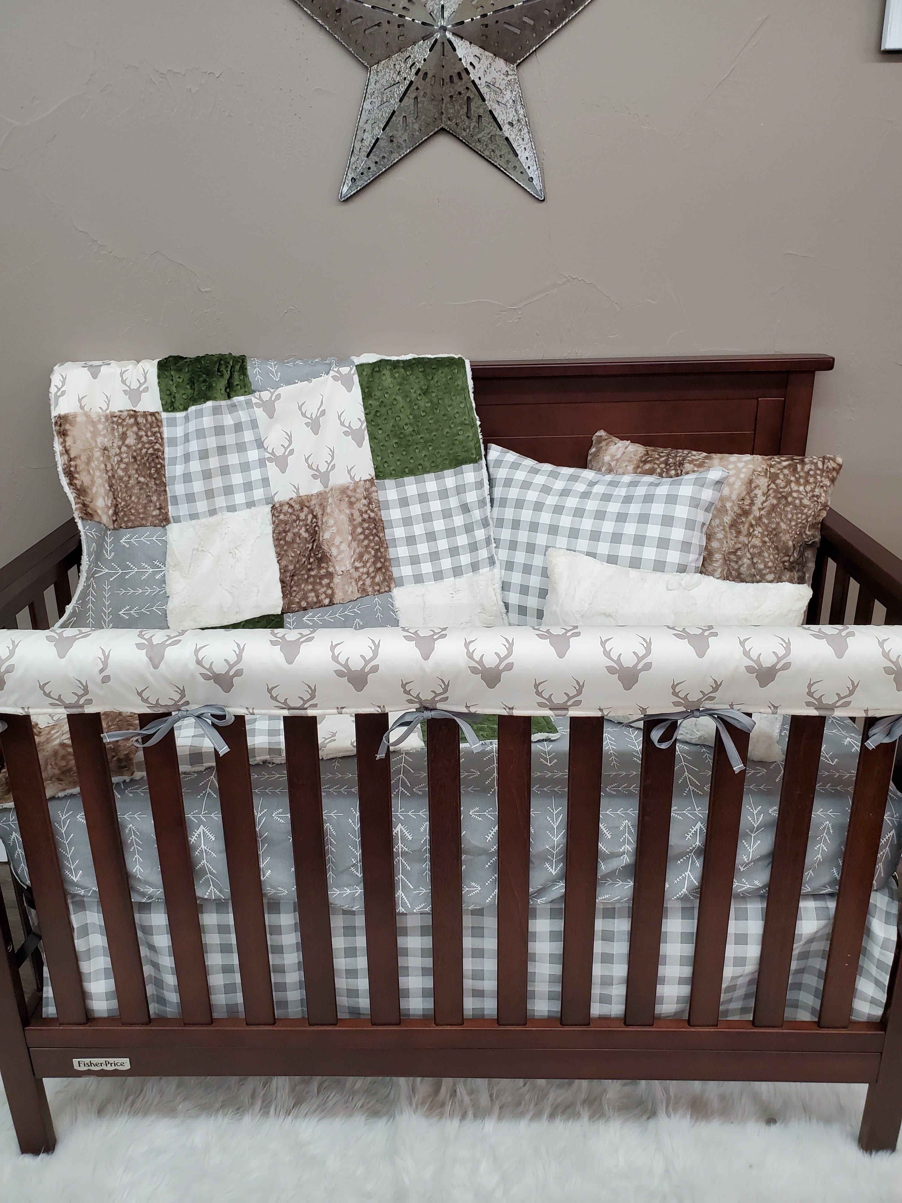 Ready Ship Neutral Crib Bedding - Buck, Arrow, Hunter Green Woodland Baby Bedding Collection