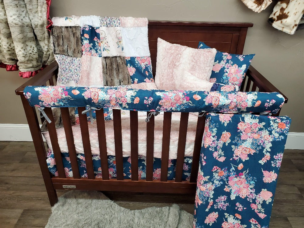 Custom Girl Crib Bedding - Boho and Navy Floral Baby & Toddler Bedding Collection