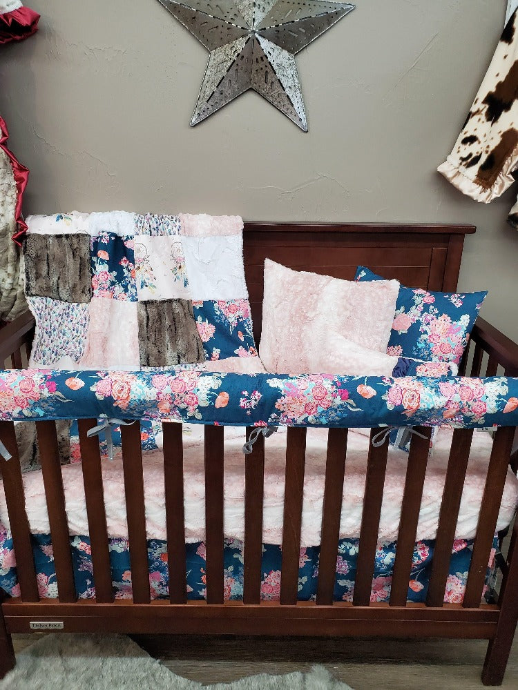 Custom Girl Crib Bedding - Boho and Navy Floral Baby & Toddler Bedding Collection