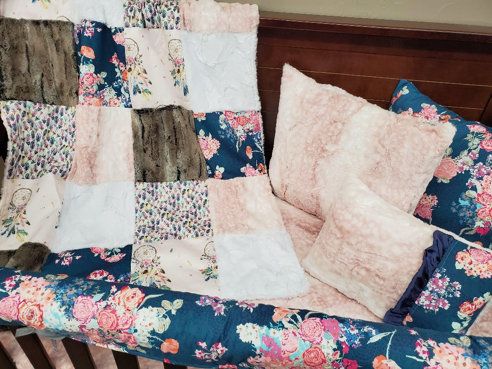 Custom Girl Crib Bedding - Boho and Navy Floral Baby & Toddler Bedding Collection