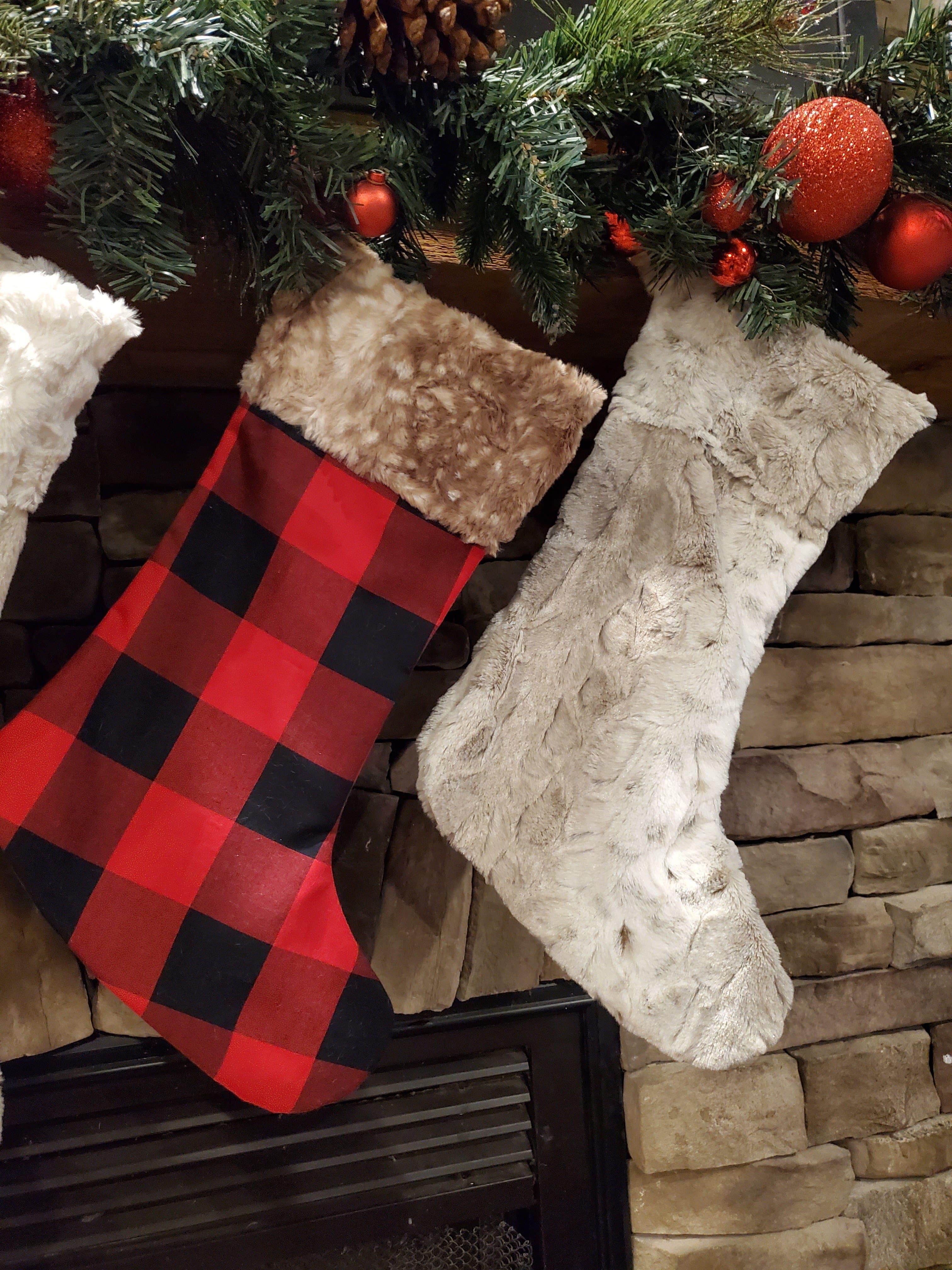 Holiday Decor - Christmas Stocking - Red Black Check, Lynx Minky, and Fawn Minky Collection