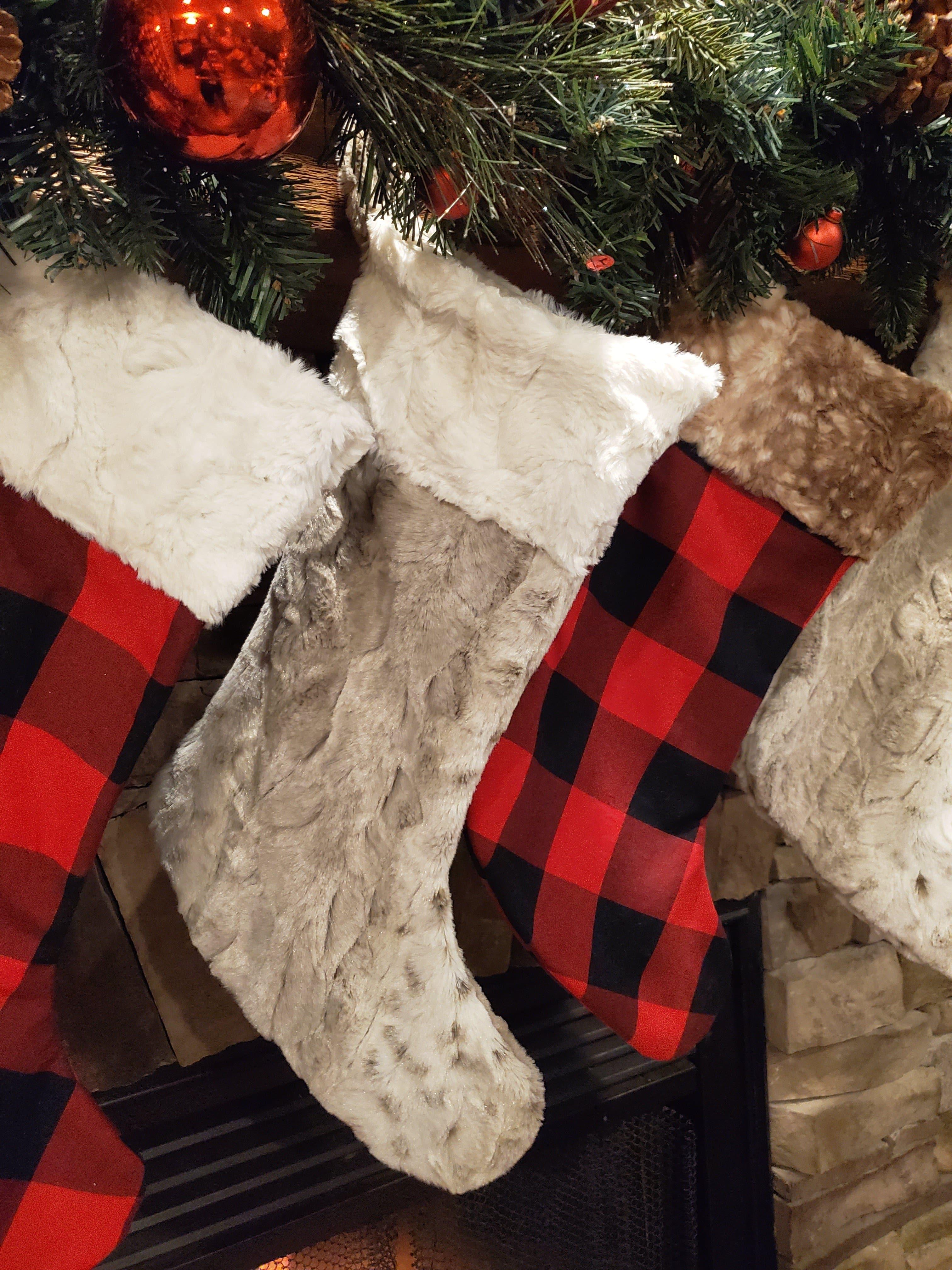 Holiday Decor - Christmas Stocking - Red Black Check, Lynx Minky, and Fawn Minky Collection