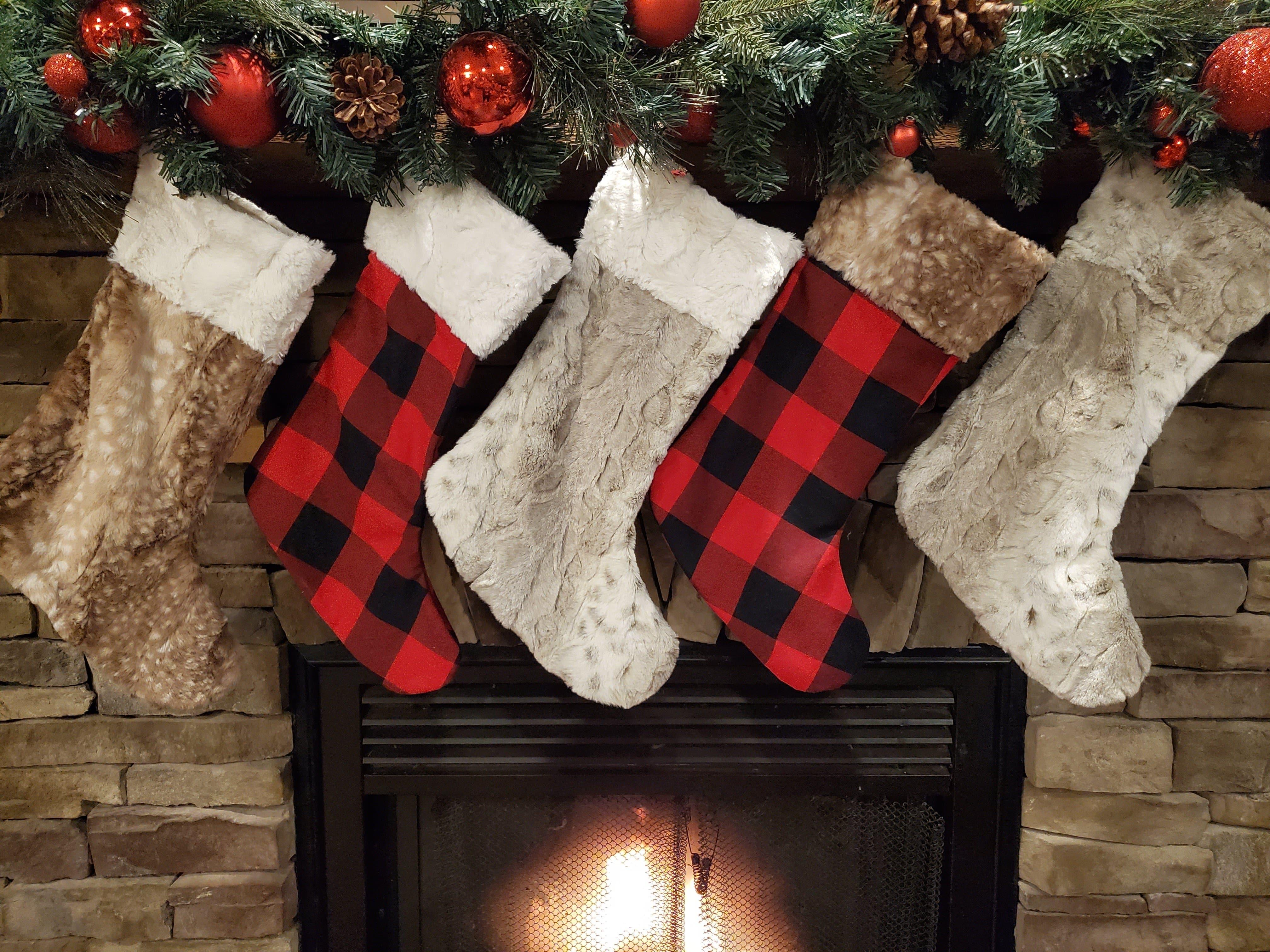 Holiday Decor - Christmas Stocking - Red Black Check, Lynx Minky, and Fawn Minky Collection