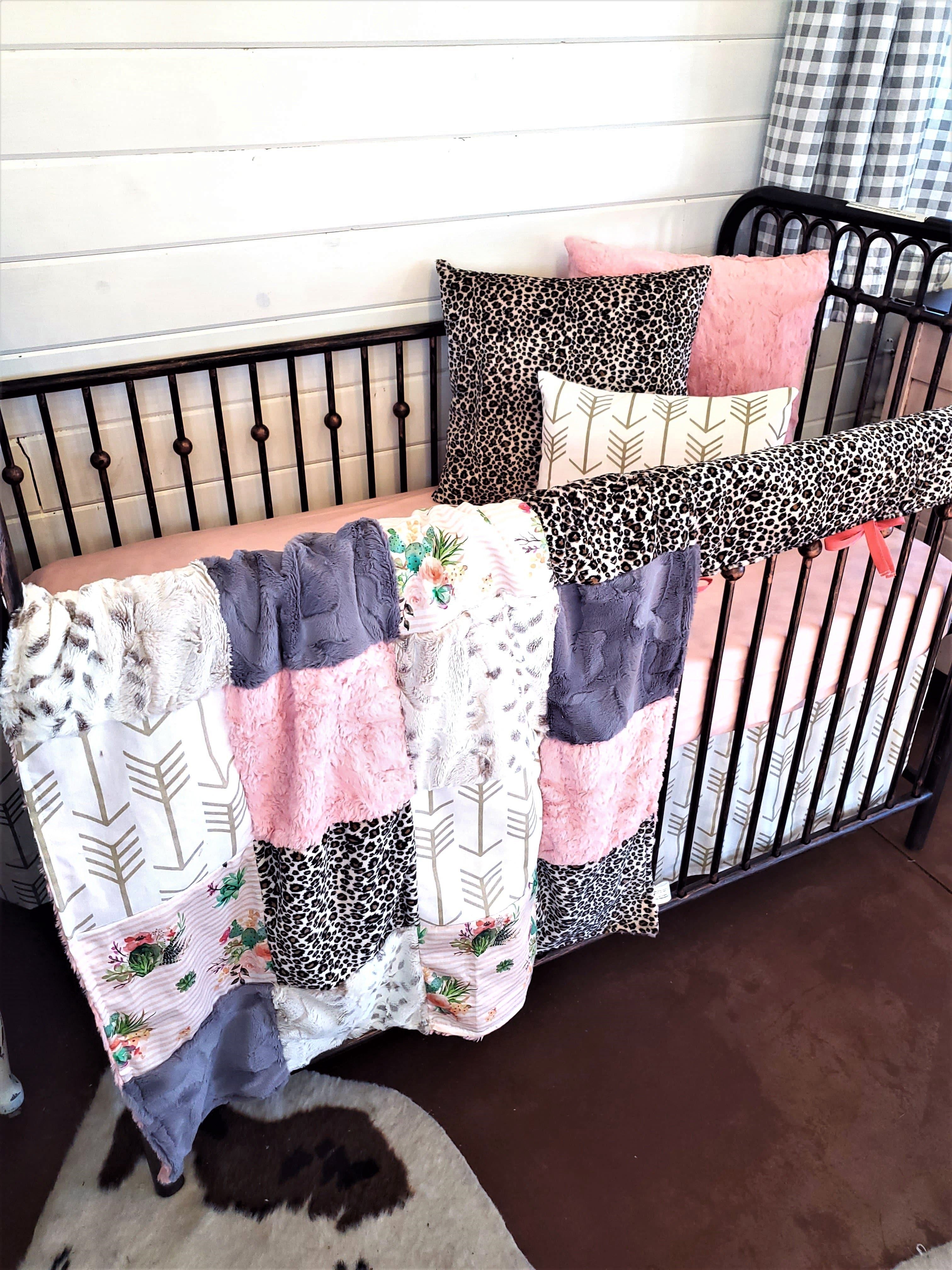 Custom Girl Crib Bedding - Cactus Stripe and Cheetah Western Baby Bedding Collection
