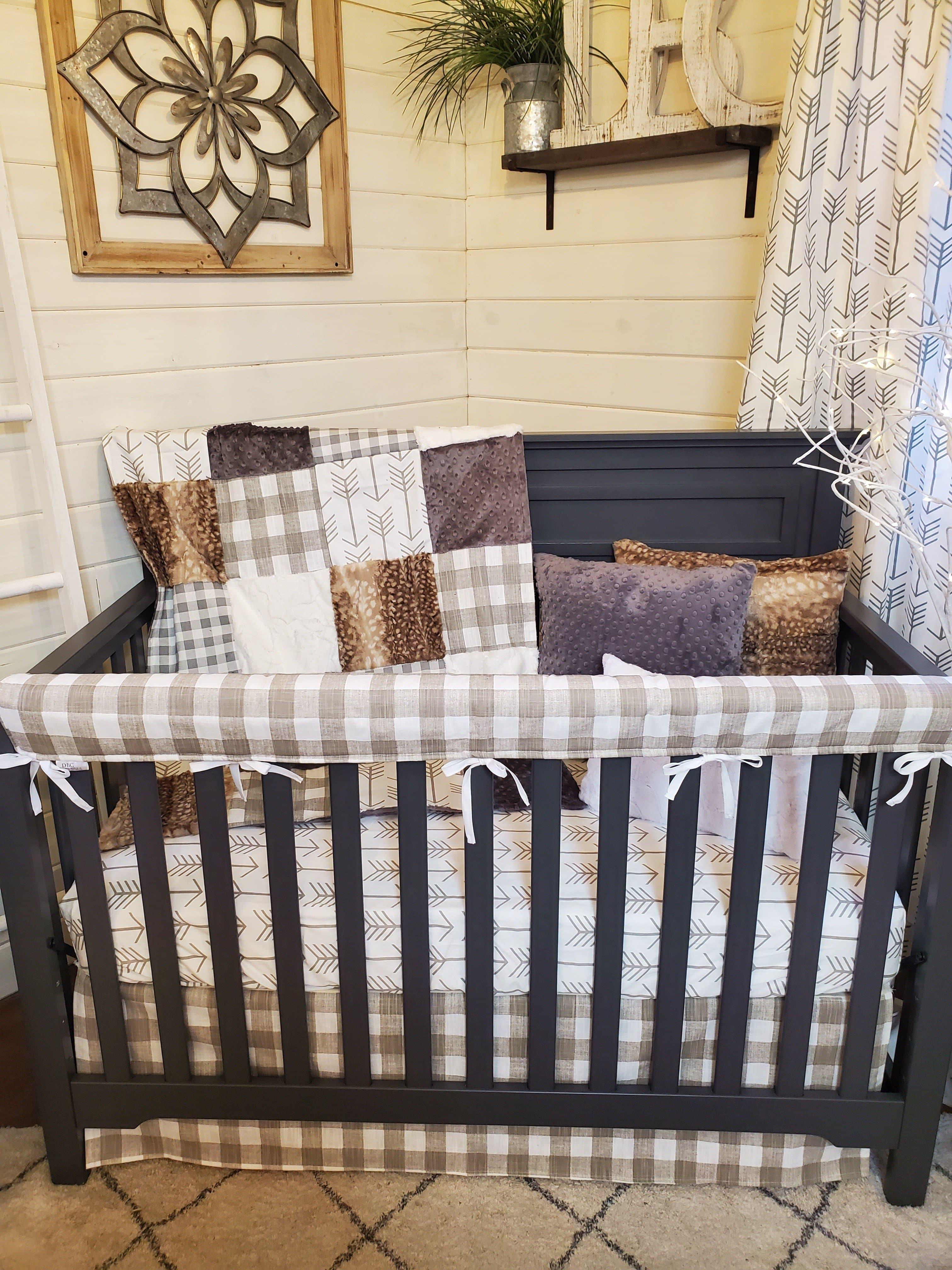 Ready Ship Neutral Crib Bedding- Farm House Check and Fawn Minky Woodland Baby Bedding Collection