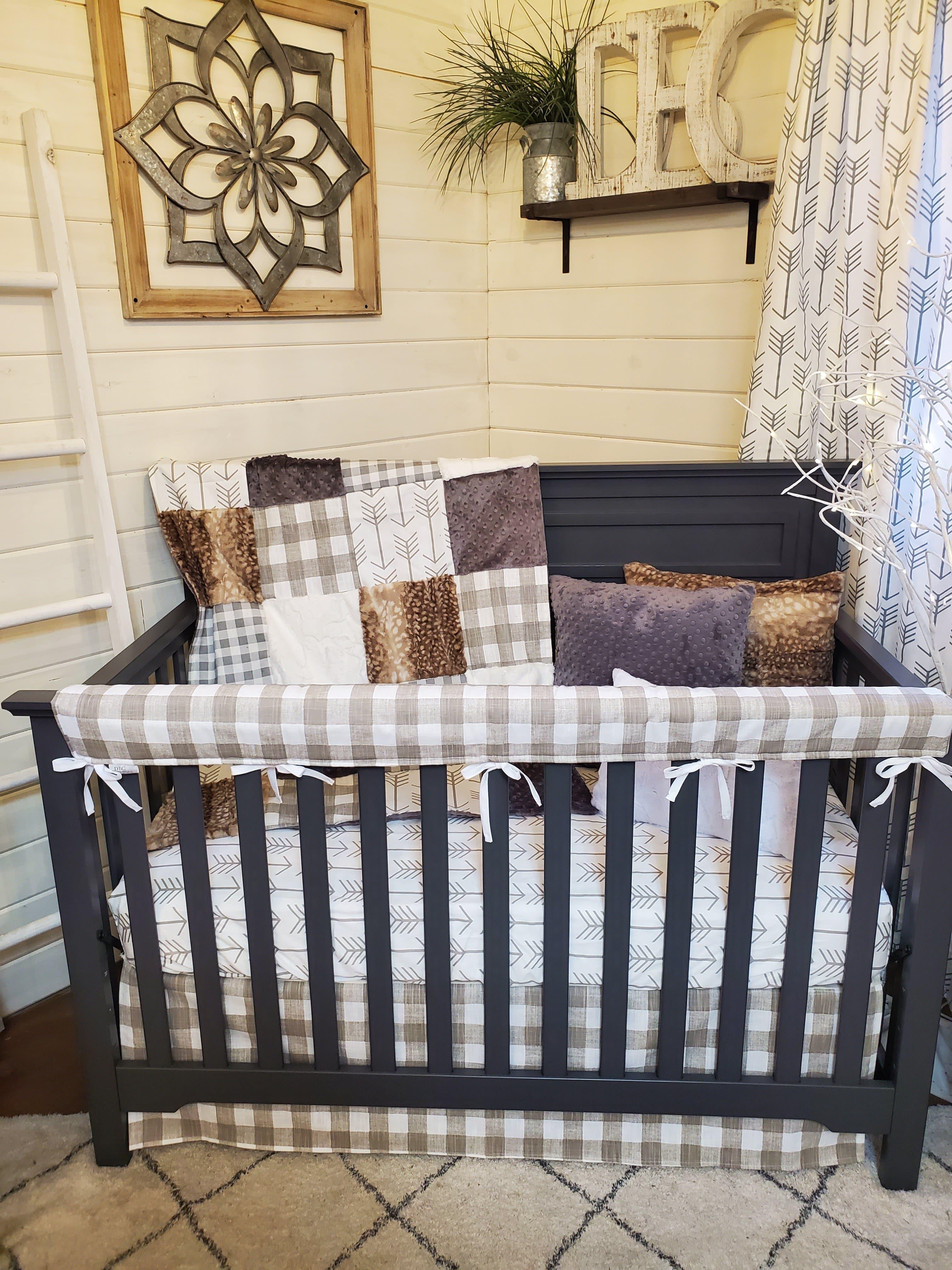 Ready Ship Neutral Crib Bedding- Farm House Check and Fawn Minky Woodland Baby Bedding Collection
