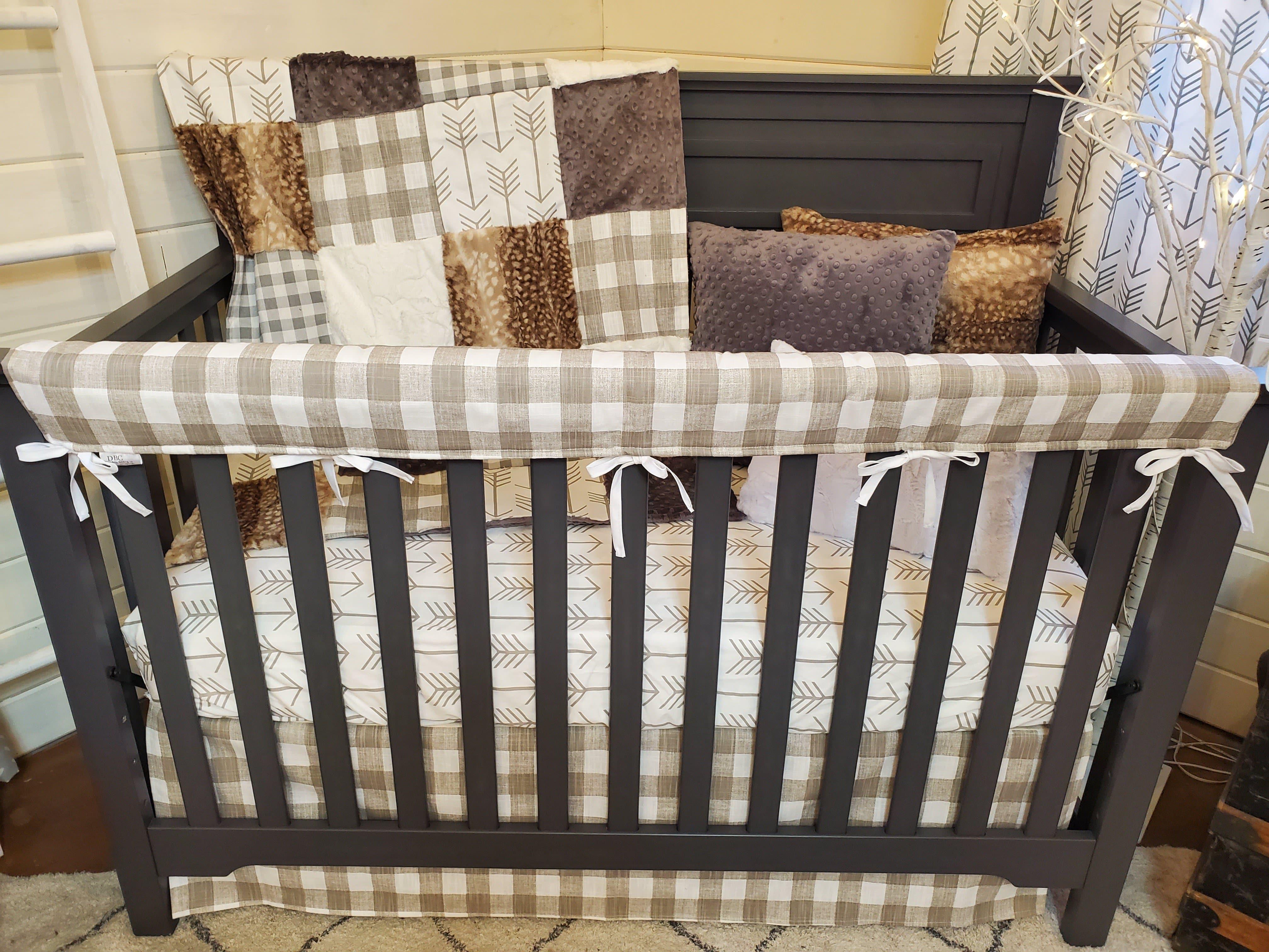 Ready Ship Neutral Crib Bedding- Farm House Check and Fawn Minky Woodland Baby Bedding Collection