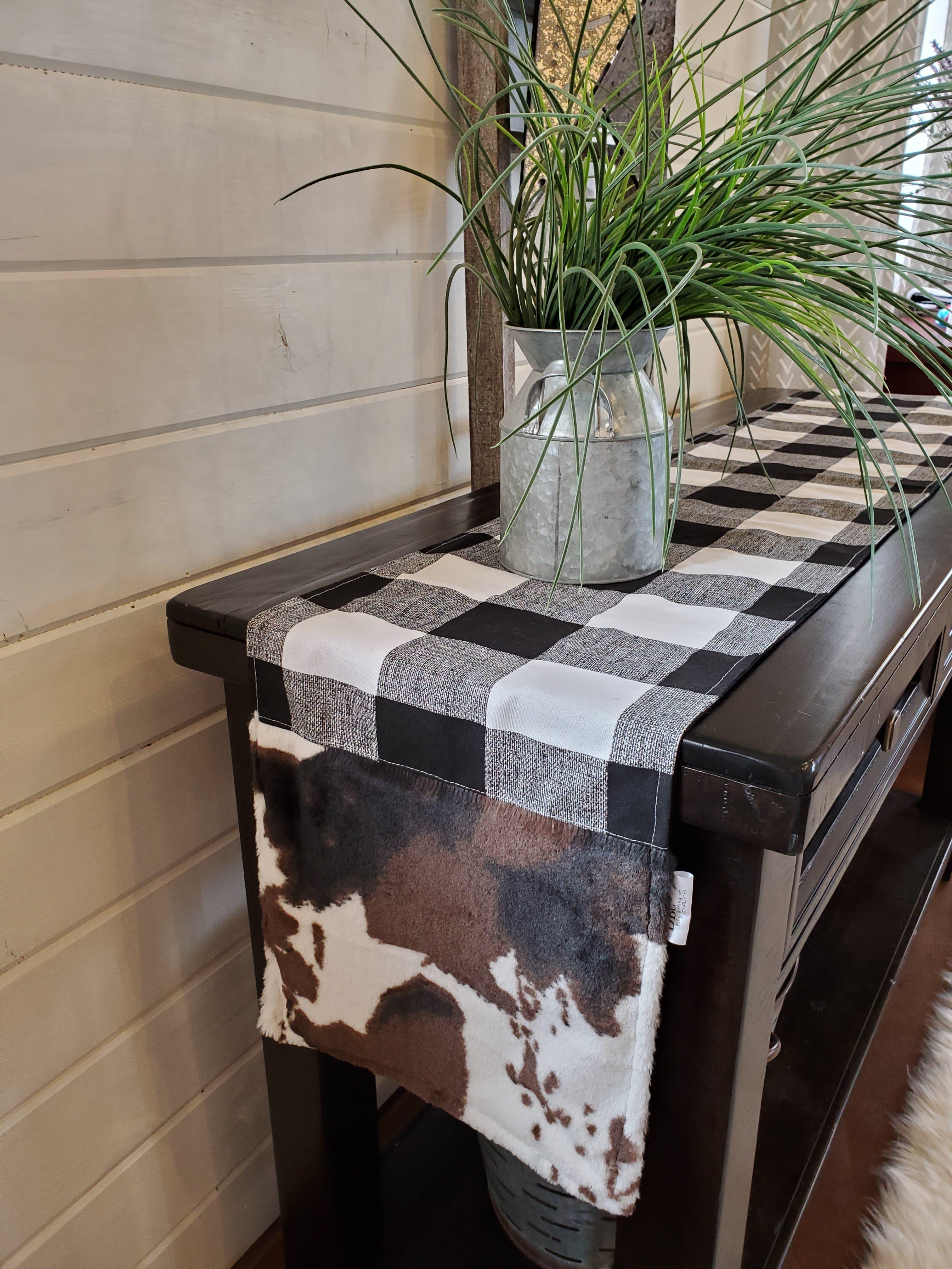 Home Decor- Table Runner -Black White Check with Cow Minky decorative ends