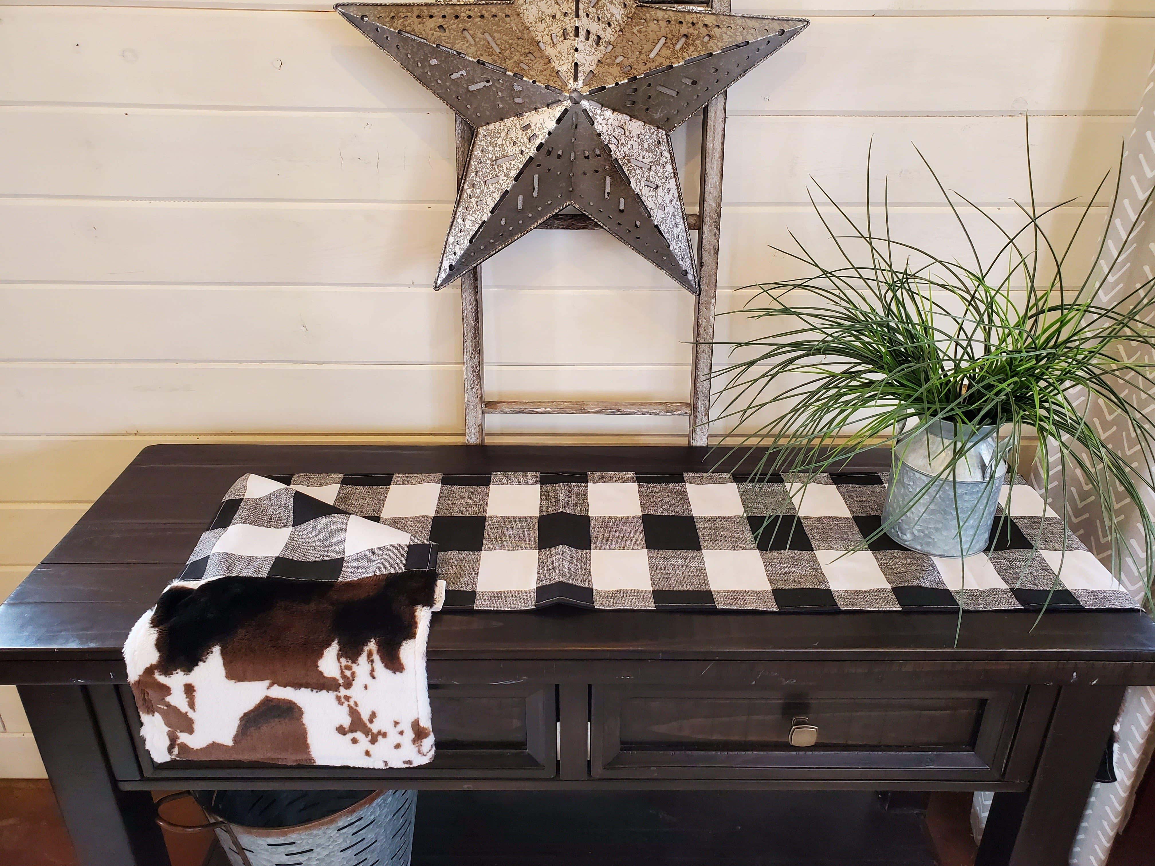 Home Decor- Table Runner -Black White Check with Cow Minky decorative ends