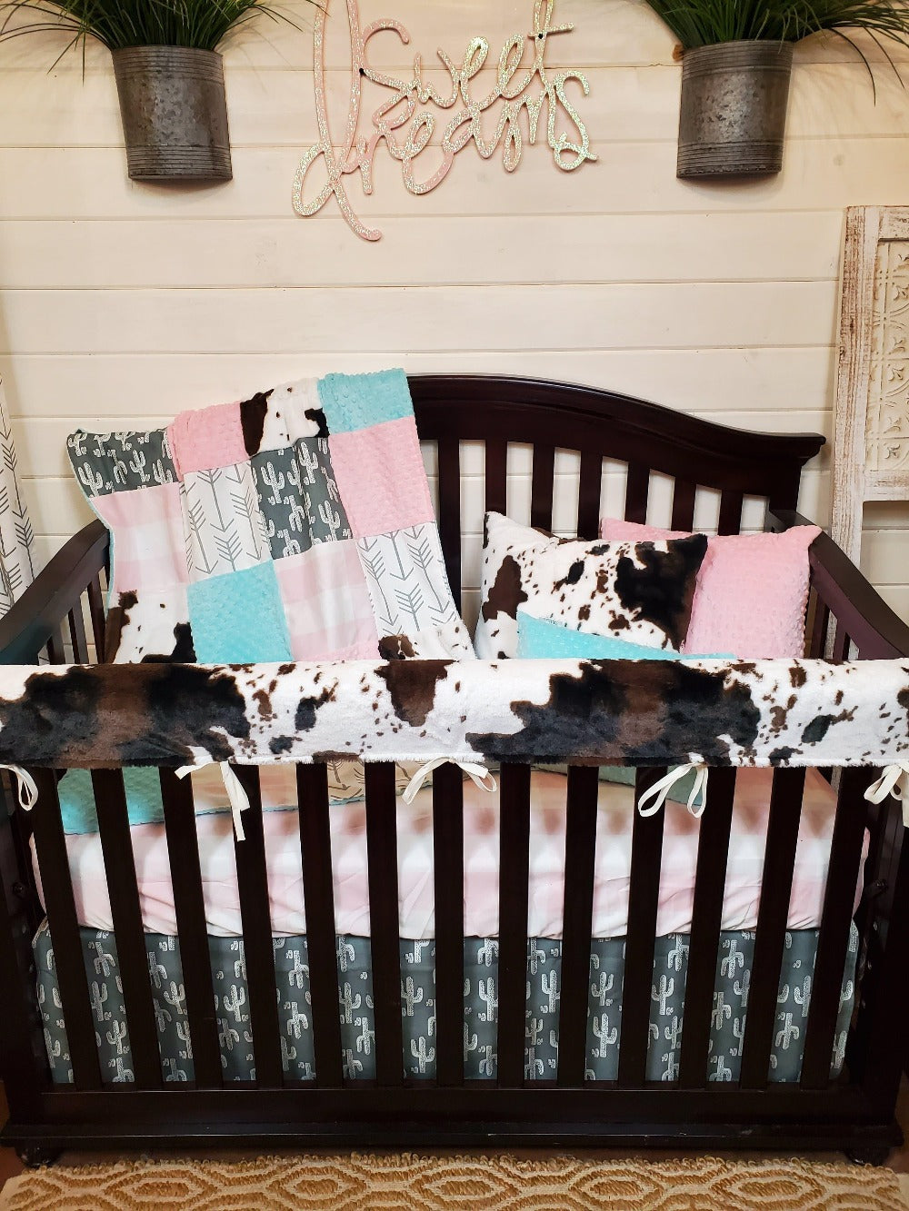 Girl Crib Bedding - Cactus, Blush Check, Cow Minky Baby Bedding Collection