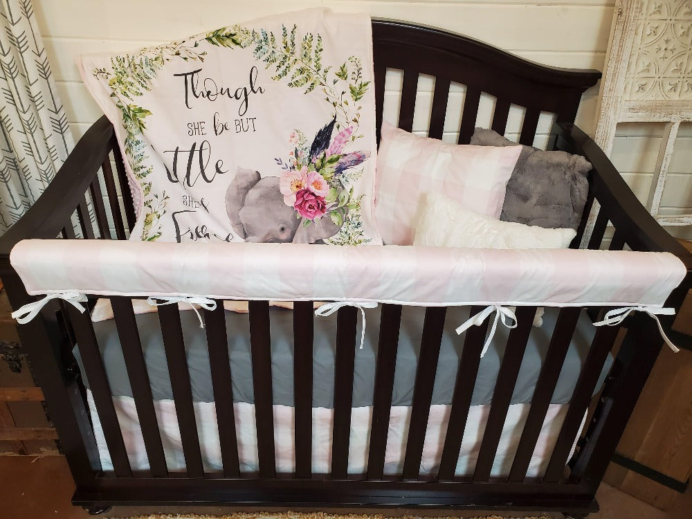 Custom Girl Crib Bedding - Boho Elephant and Blush Check Baby Bedding Collection