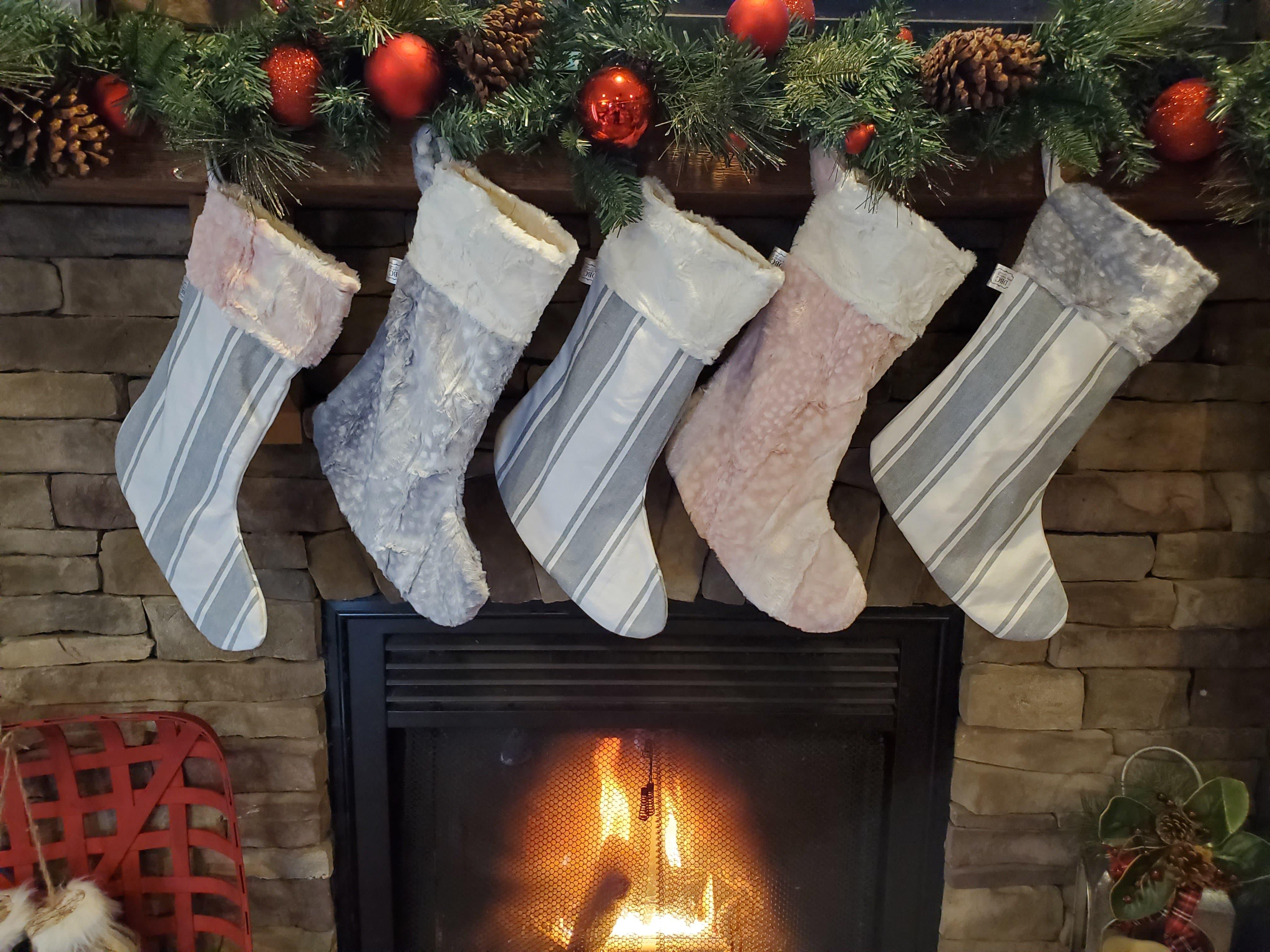 Holiday Decor - Christmas Stocking - Farm Stripe in Gray, Rosewater Fawn Minky, Silver Fawn Minky