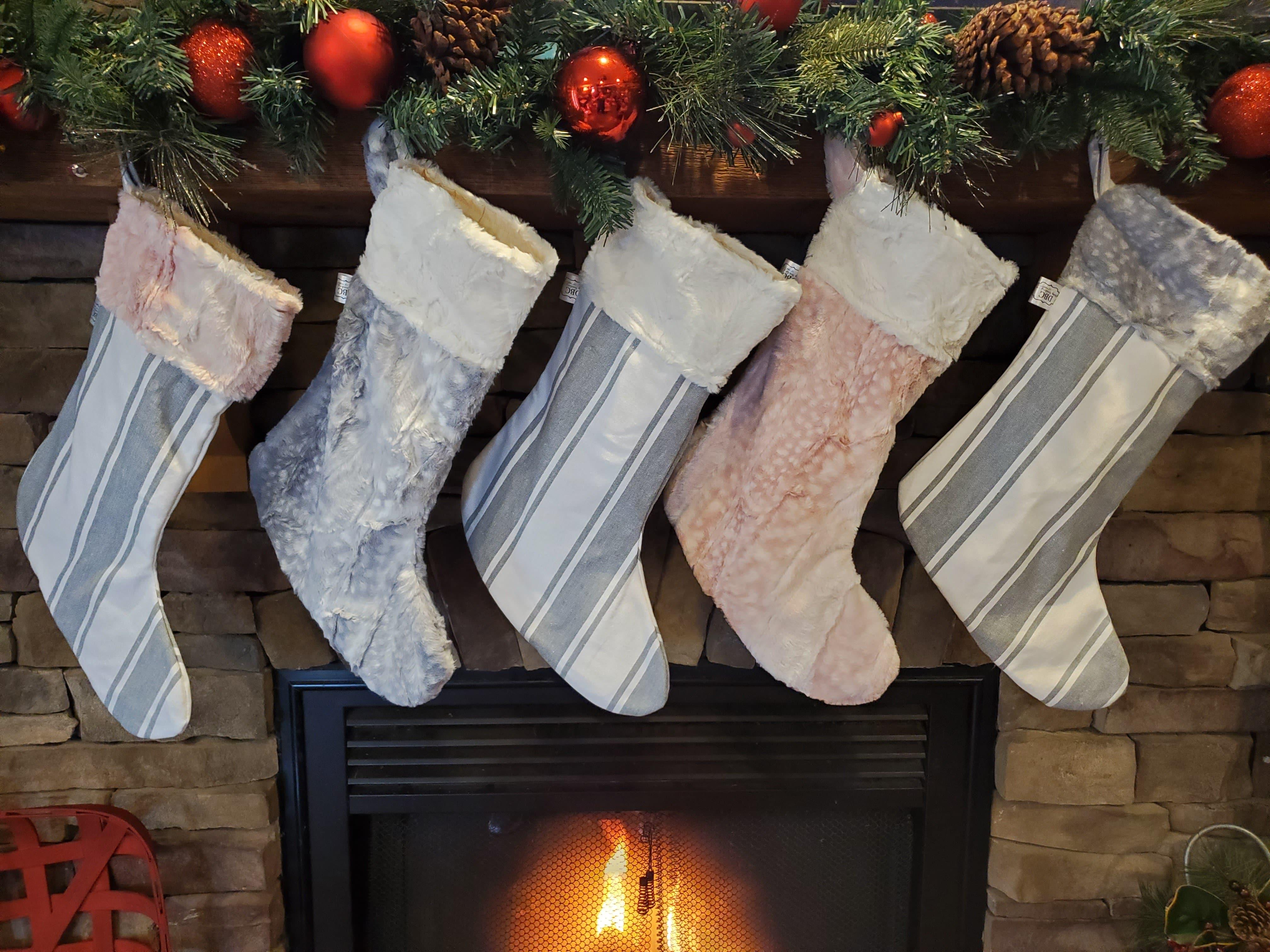 Holiday Decor - Christmas Stocking - Farm Stripe in Gray, Rosewater Fawn Minky, Silver Fawn Minky