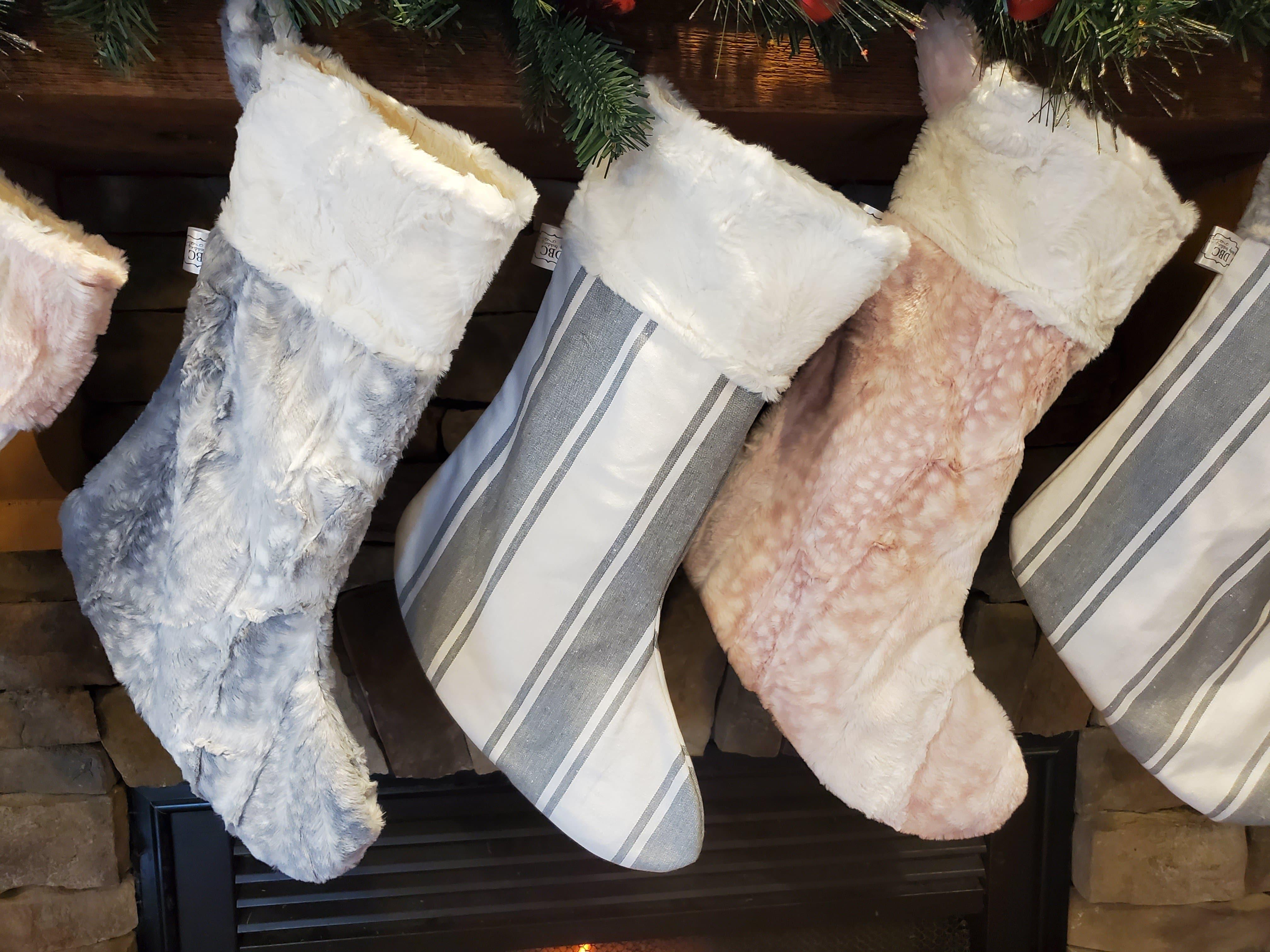 Holiday Decor - Christmas Stocking - Farm Stripe in Gray, Rosewater Fawn Minky, Silver Fawn Minky