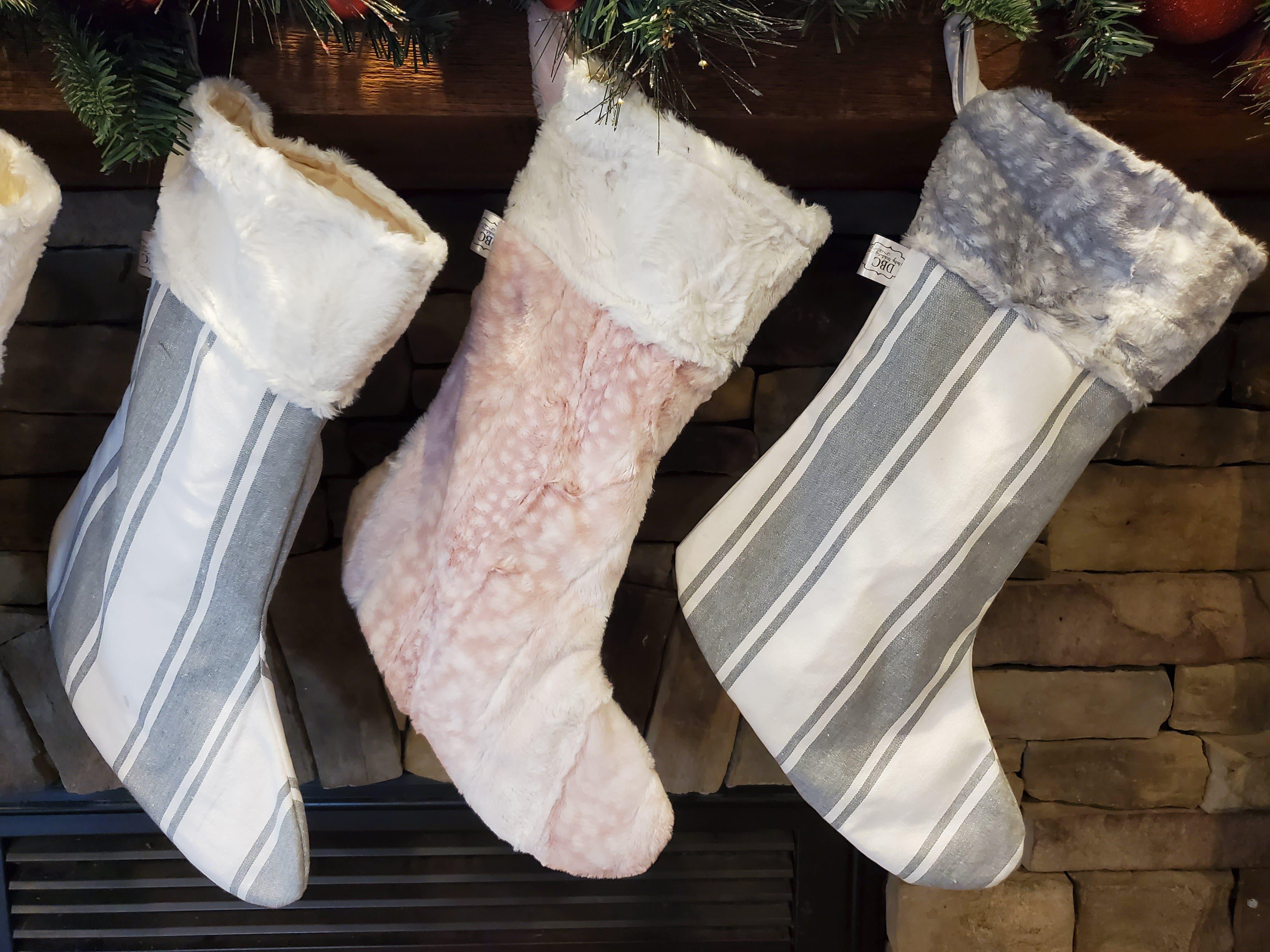 Holiday Decor - Christmas Stocking - Farm Stripe in Gray, Rosewater Fawn Minky, Silver Fawn Minky