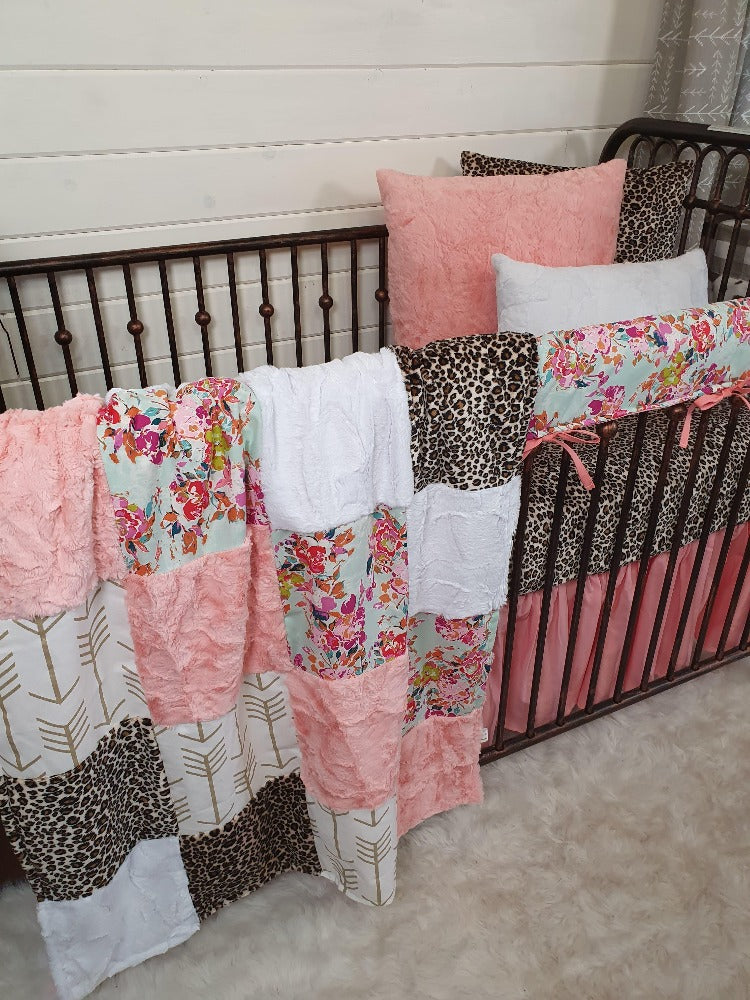Girl Crib Bedding- Summer Floral and Cheetah Minky Baby & Toddler Bedding Collection
