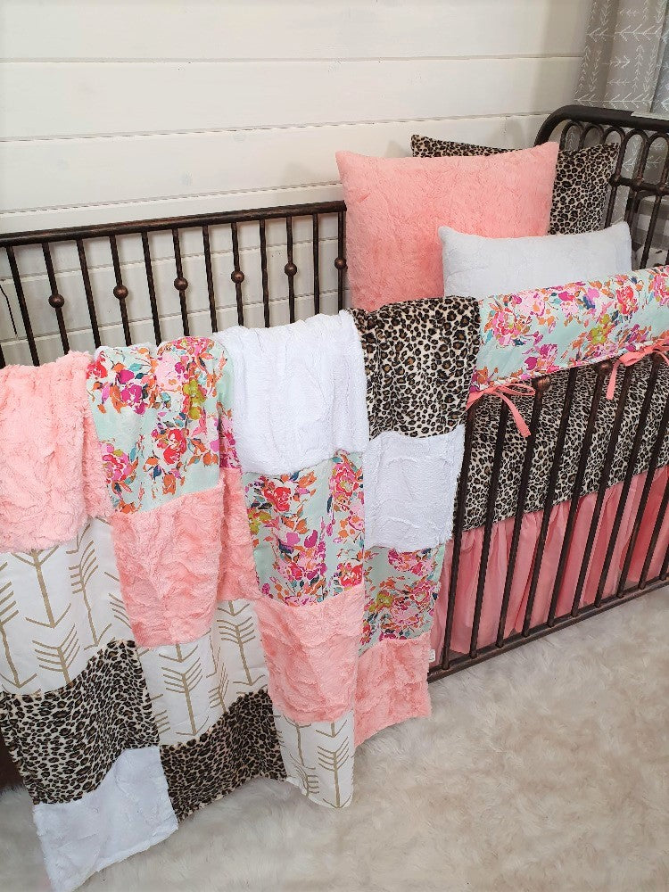 Girl Crib Bedding- Summer Floral and Cheetah Minky Baby & Toddler Bedding Collection
