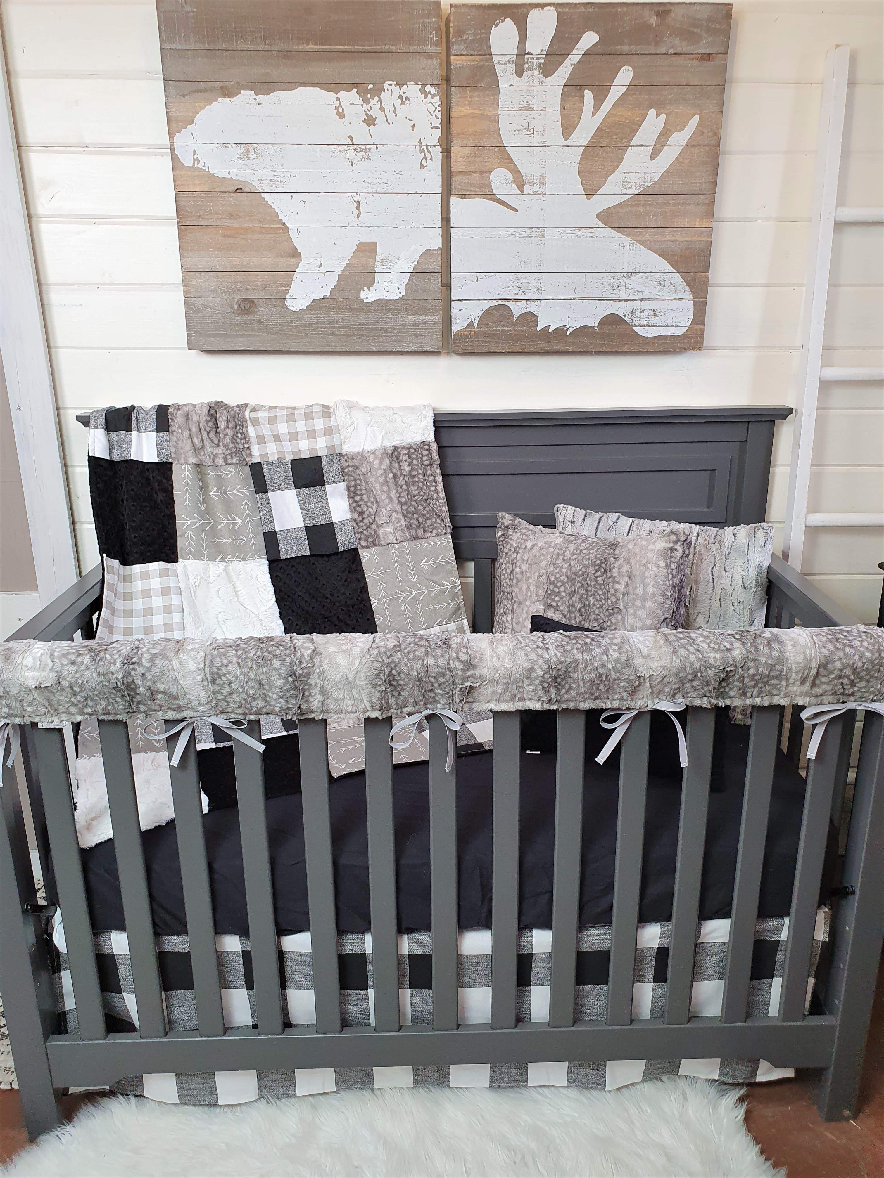 Ready Ship Boy Crib Bedding- Check, Arrow, and Metal Fawn Minky Woodland Baby Bedding Collection