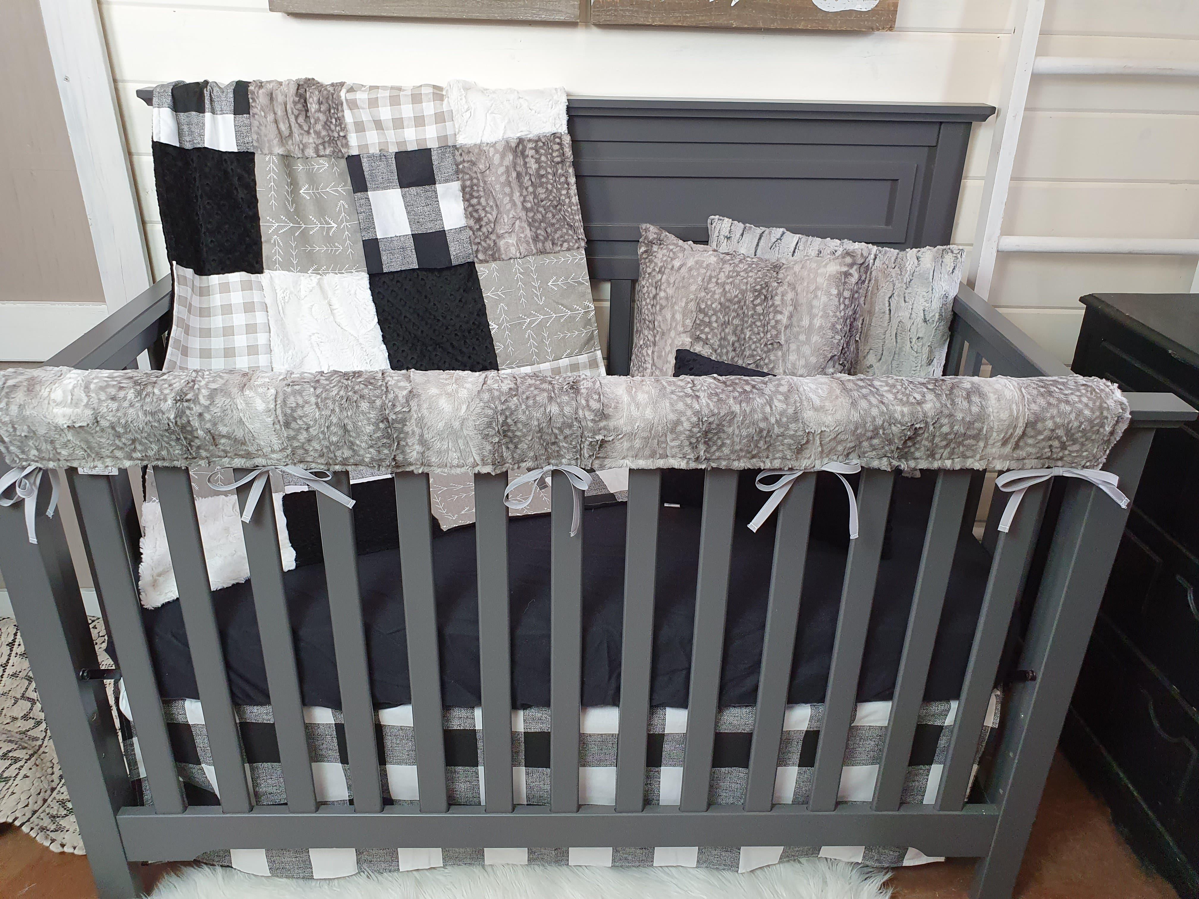 Ready Ship Boy Crib Bedding- Check, Arrow, and Metal Fawn Minky Woodland Baby Bedding Collection