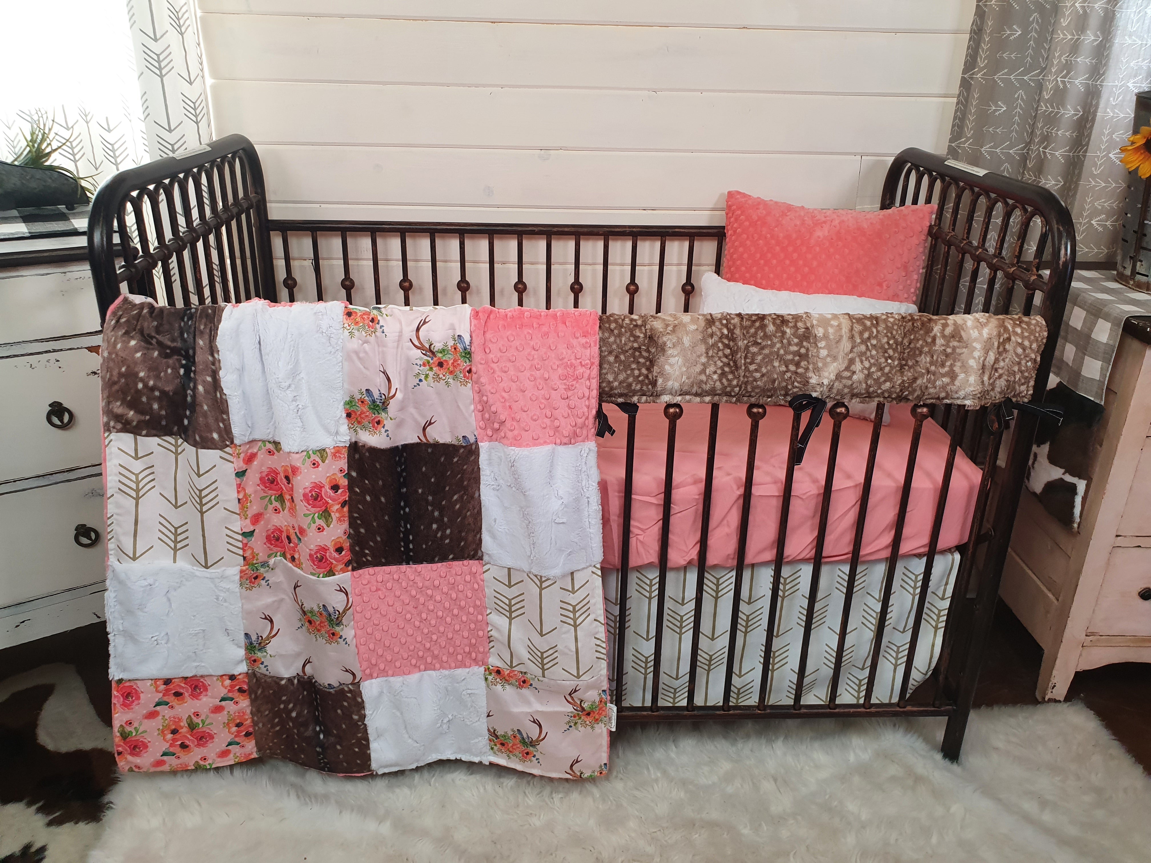 Custom Girl Crib Bedding - Floral Antler and Fawn Minky Woodland Baby Bedding Collection