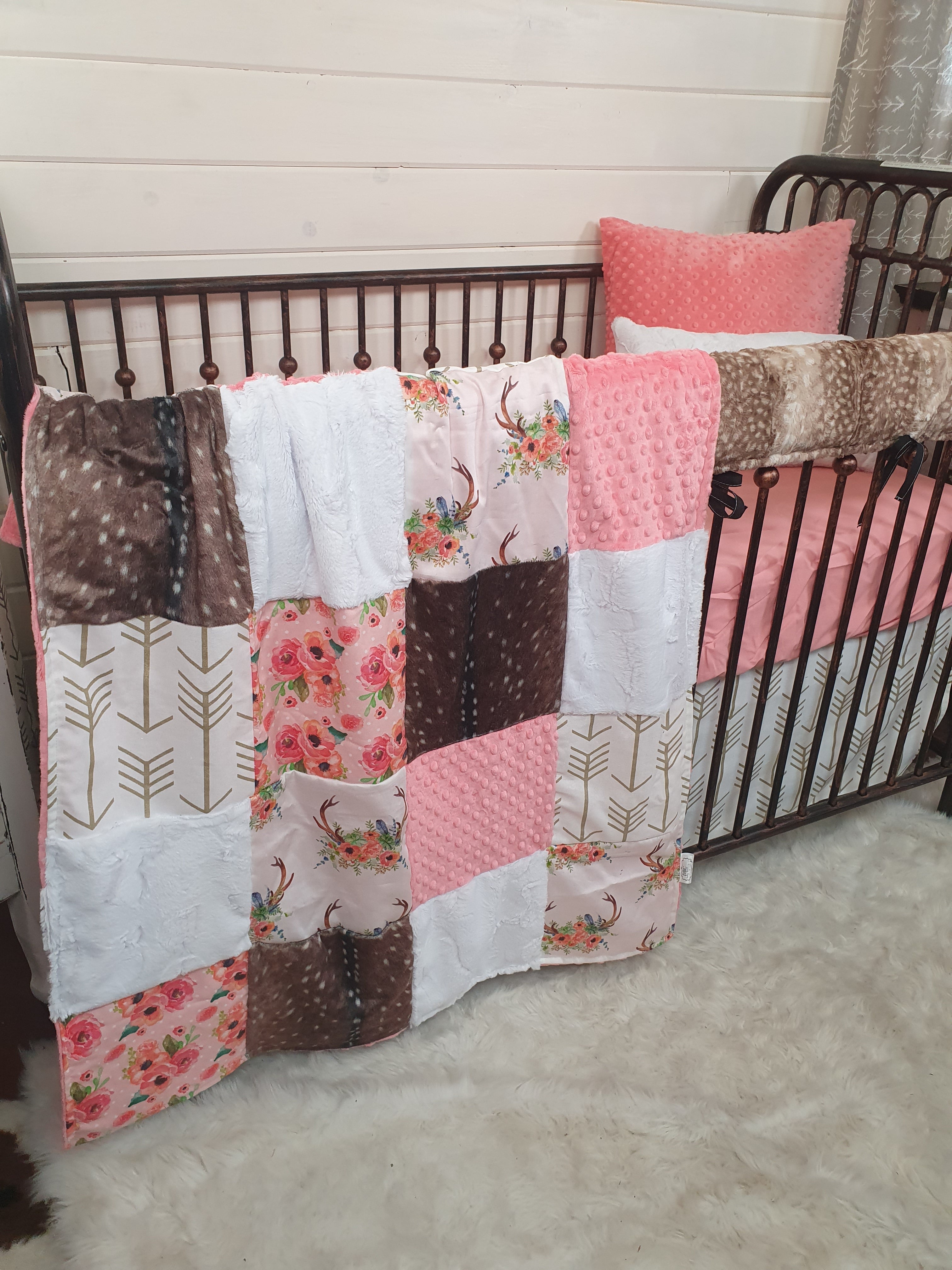 Custom Girl Crib Bedding - Floral Antler and Fawn Minky Woodland Baby Bedding Collection