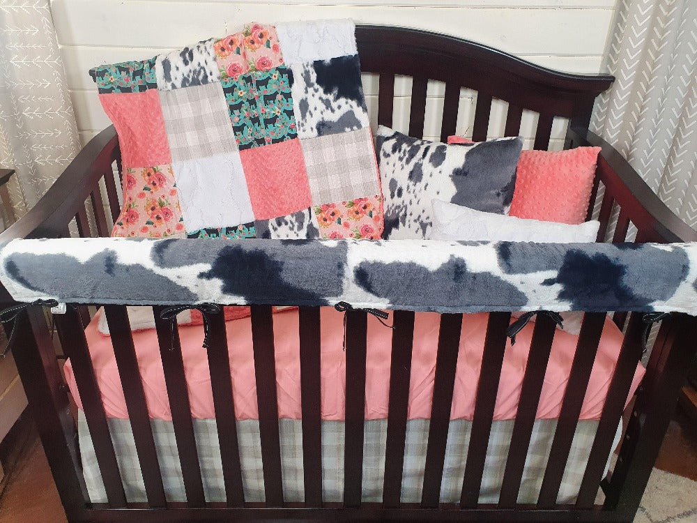 Custom Girl Crib Bedding - Floral Steer and Storm Cow Minky Western Baby Bedding Collection