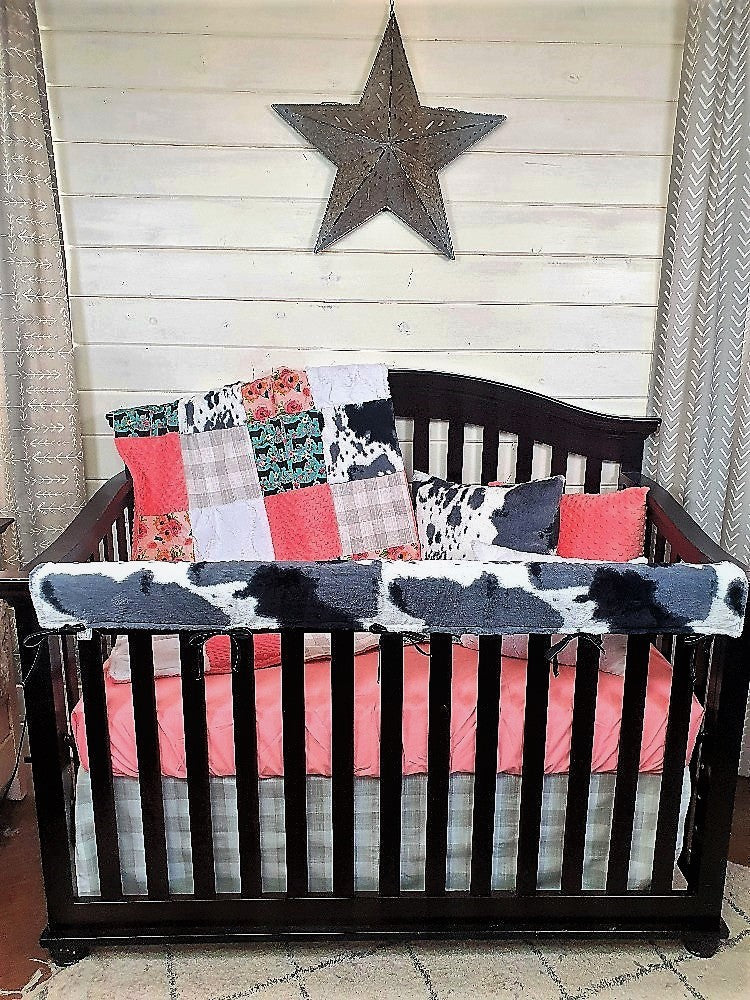 Custom Girl Crib Bedding - Floral Steer and Storm Cow Minky Western Baby Bedding Collection