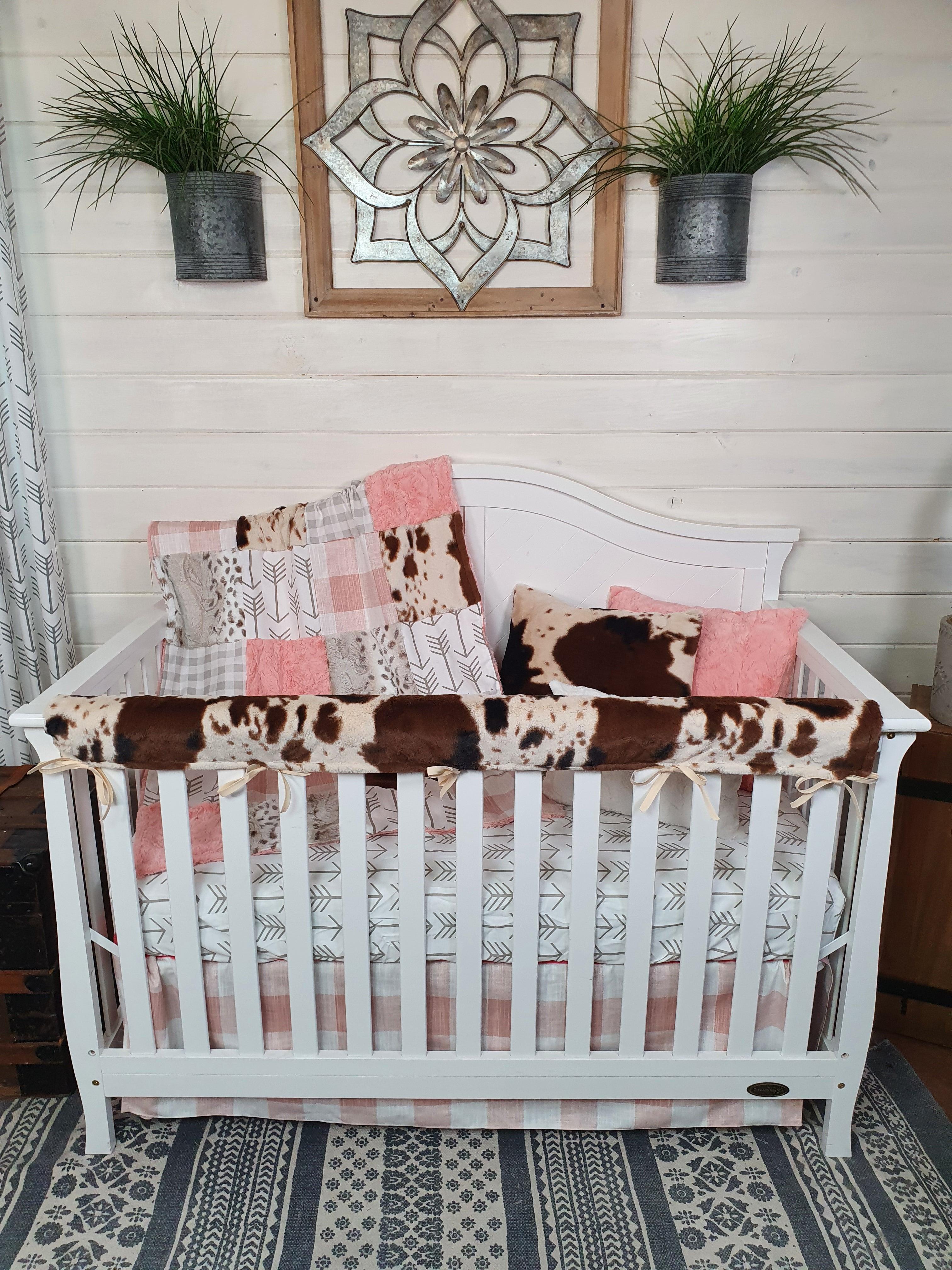Girl Crib Bedding - Rosegold Check and Cow Minky Western Baby Bedding Nursery Collection