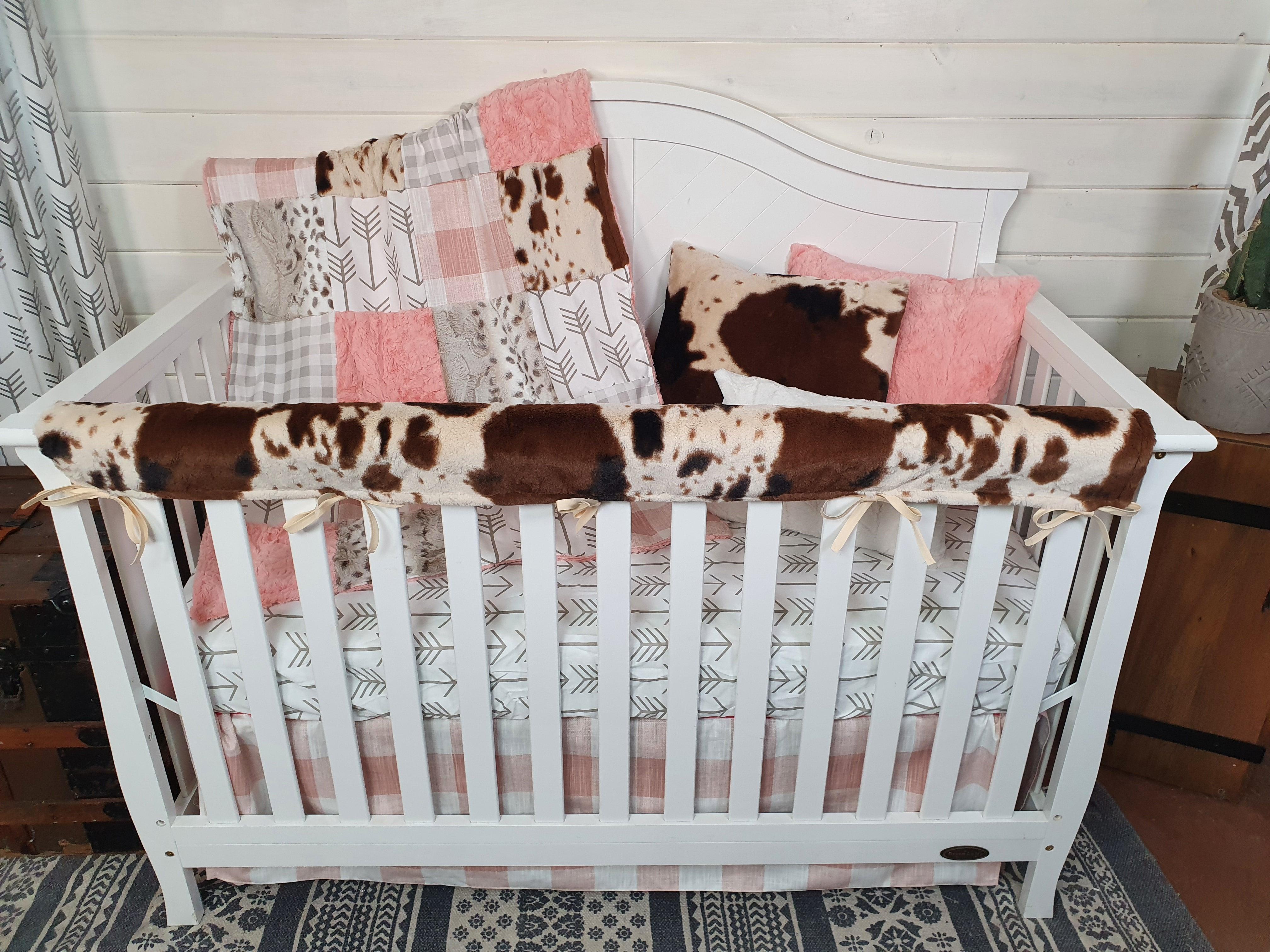 Girl Crib Bedding - Rosegold Check and Cow Minky Western Baby Bedding Nursery Collection