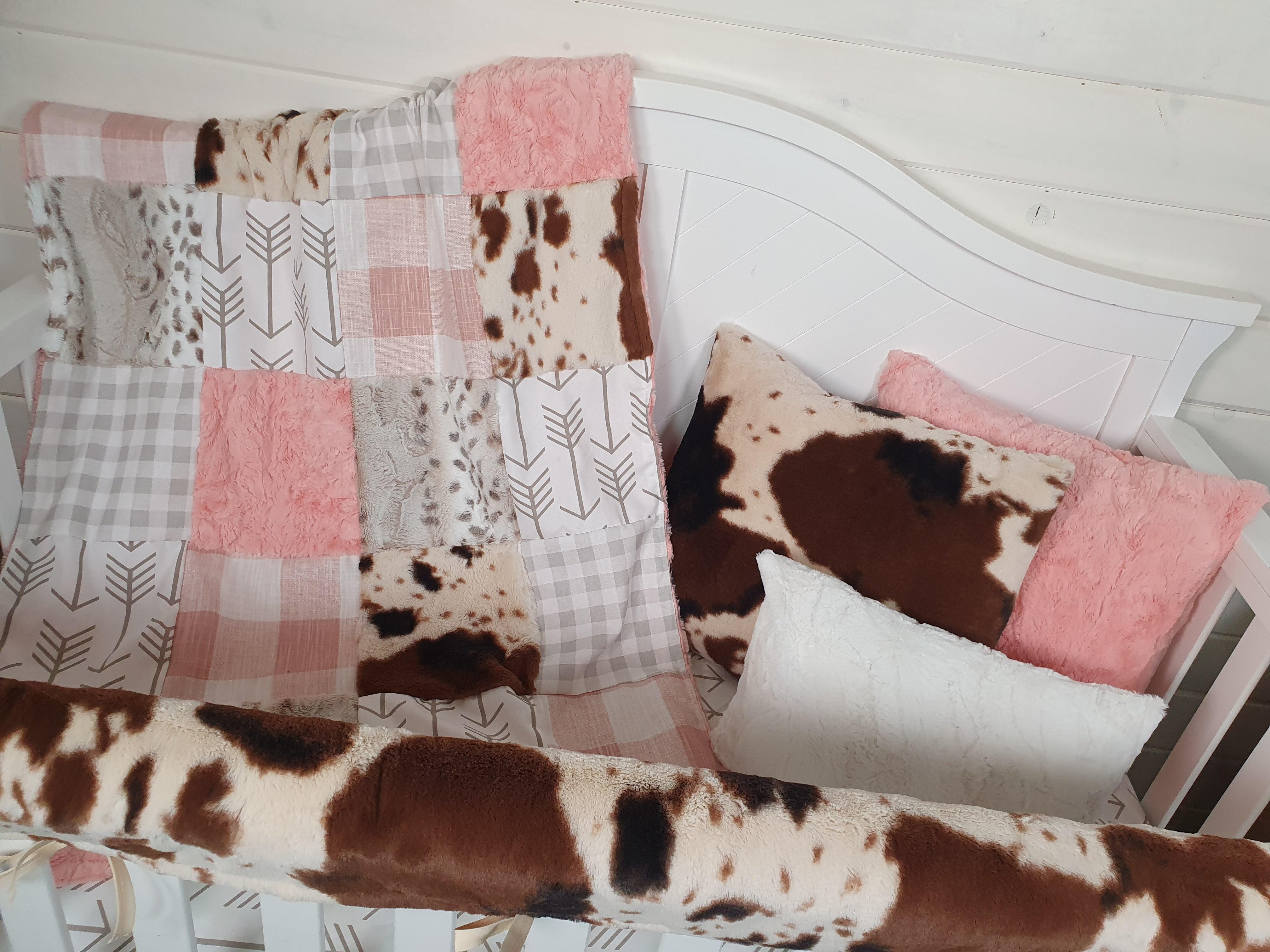 Girl Crib Bedding - Rosegold Check and Cow Minky Western Baby Bedding Nursery Collection