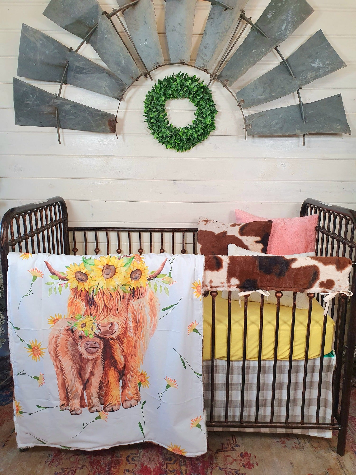 Girl Crib Bedding- Sunflower Floral Highland Cows Baby Bedding & Nursery Collection