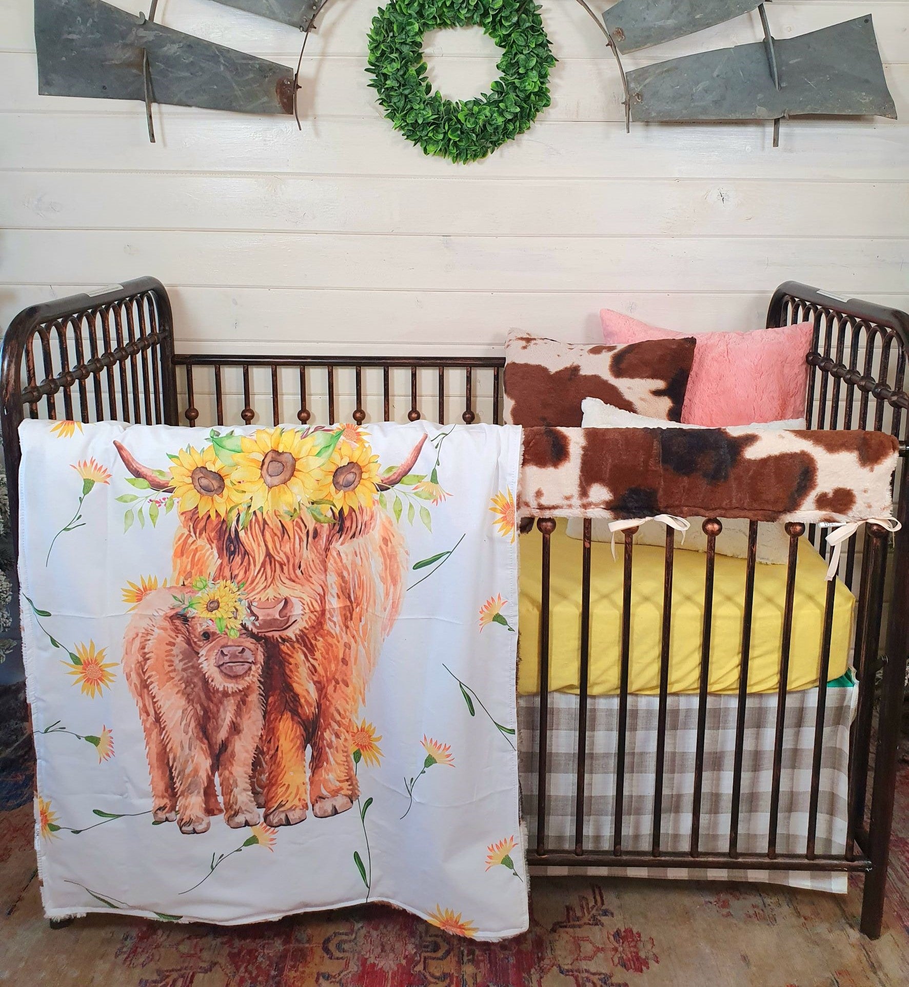 Girl Crib Bedding- Sunflower Floral Highland Cows Baby Bedding & Nursery Collection