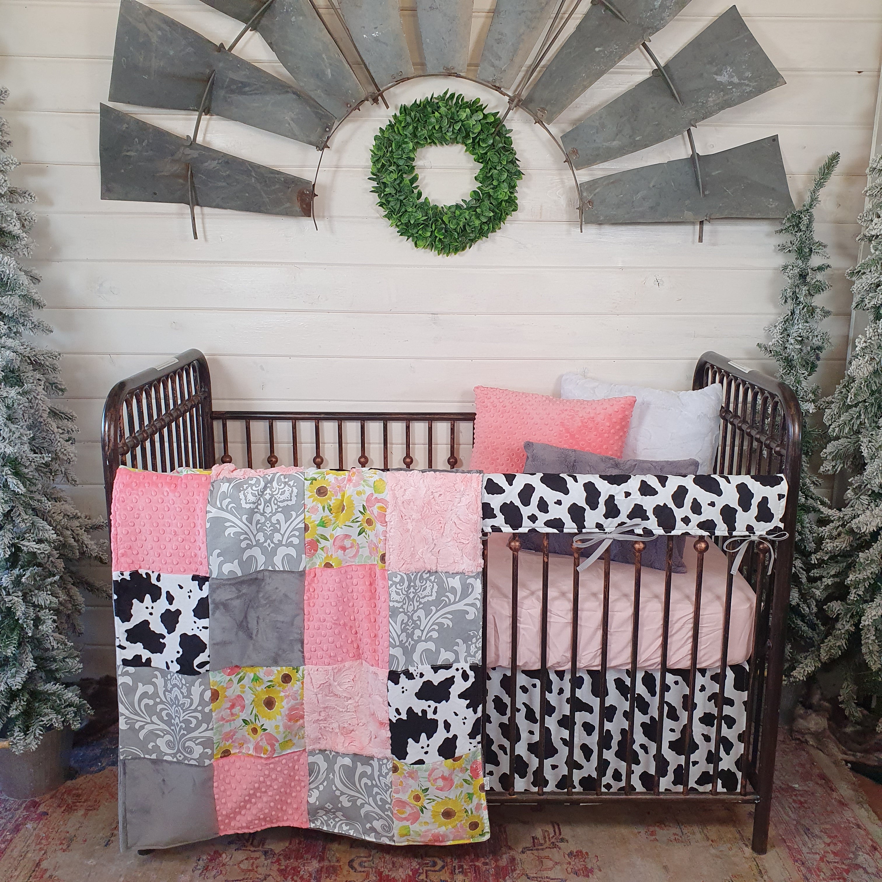 Girl Crib Bedding - Sunflower Rose and Black White Cow Minky Farm Baby Bedding Collection