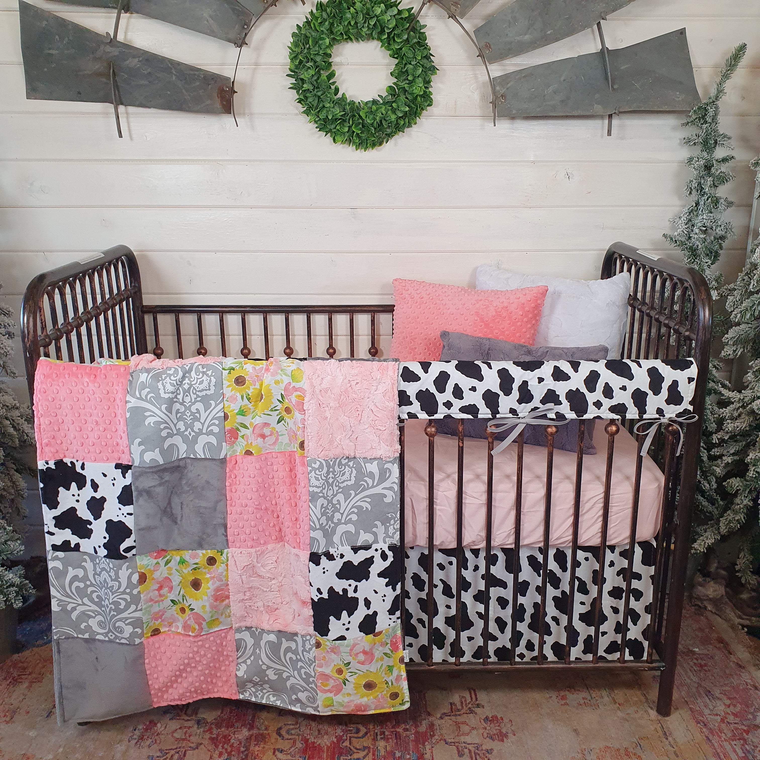 Girl Crib Bedding - Sunflower Rose and Black White Cow Minky Farm Baby Bedding Collection