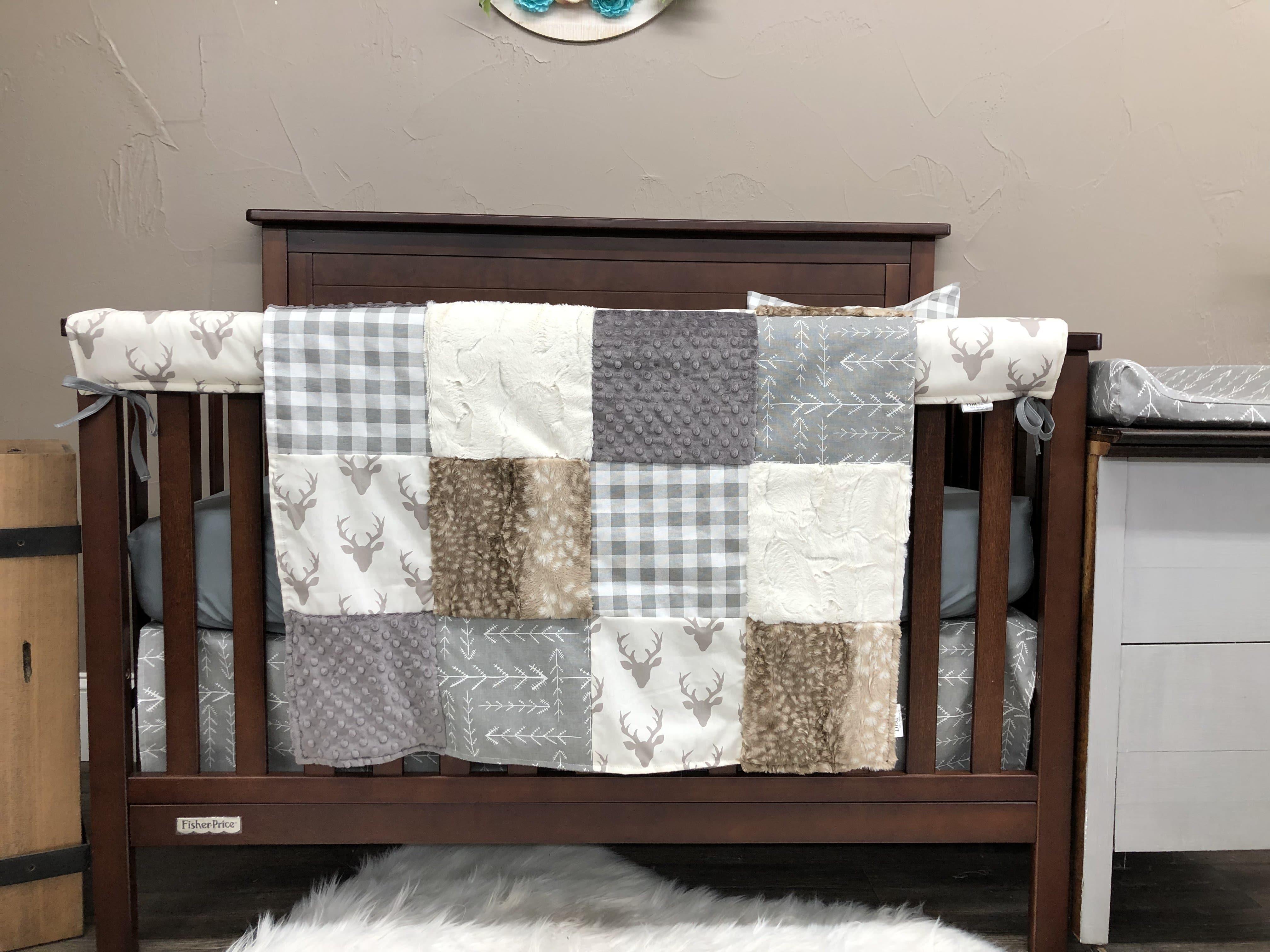 Ready to Ship Neutral Crib Bedding - Buck, Check, Arrow Woodland Baby Bedding Collection