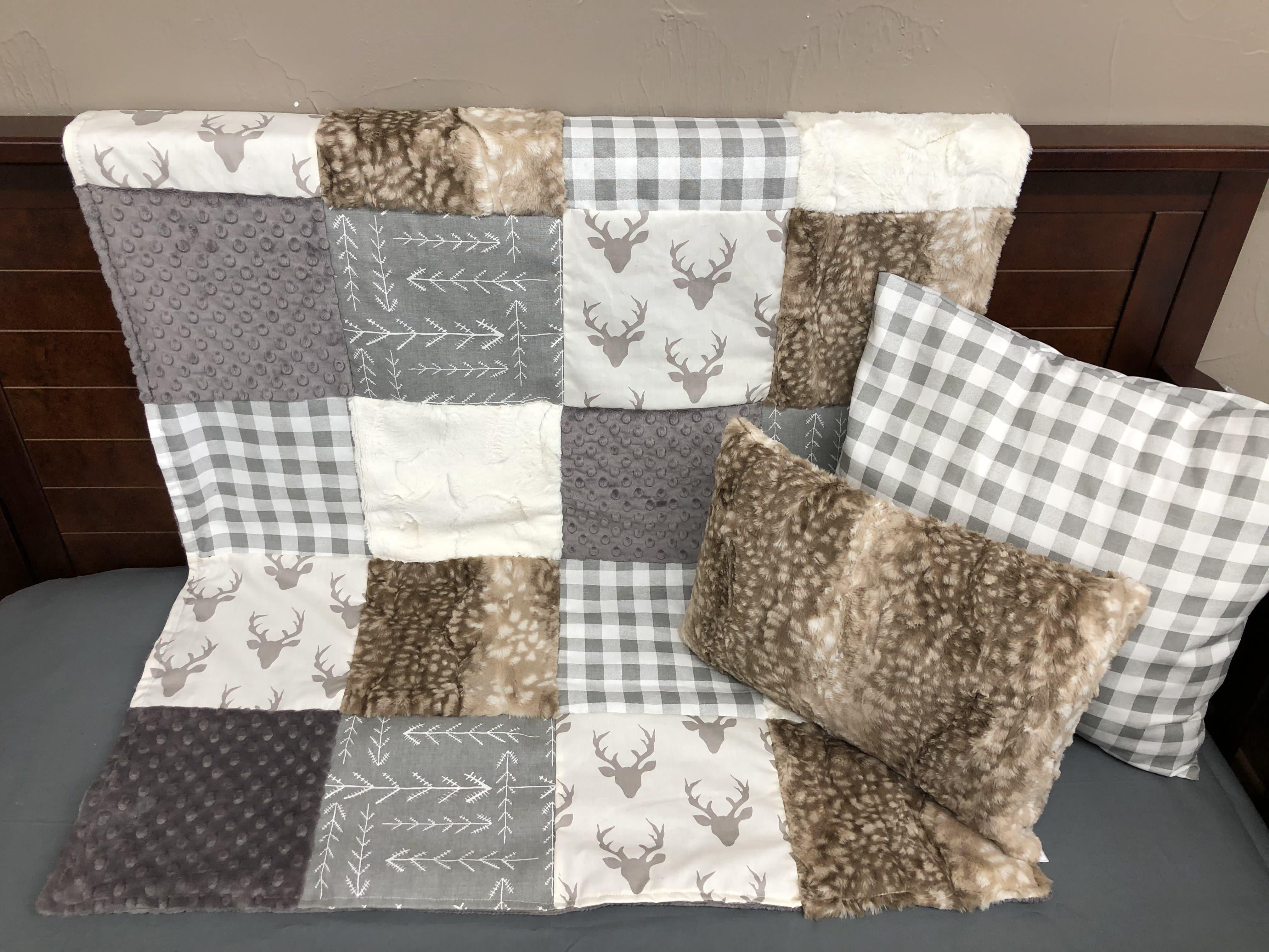 Ready to Ship Neutral Crib Bedding - Buck, Check, Arrow Woodland Baby Bedding Collection