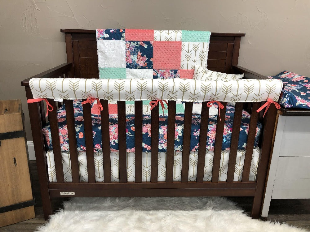 Ready Ship Girl Crib Bedding - Navy Floral and Gold Arrow Baby Bedding Collection