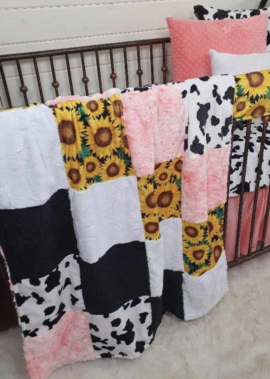 Twin, Full, or Queen Patchwork Blanket - Sunflower and Black White Cow Farm Blanket