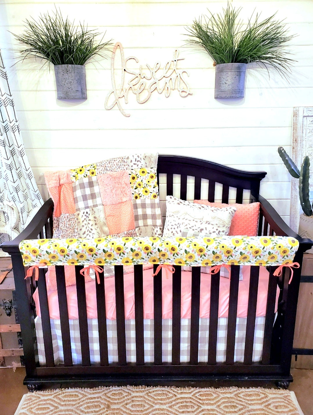Custom Girl Crib Bedding - Sunflower and Lynx Minky Baby Bedding Collection
