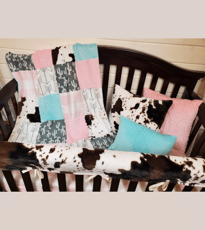 Girl Crib Bedding - Cactus, Blush Check, Cow Minky Baby Bedding Collection