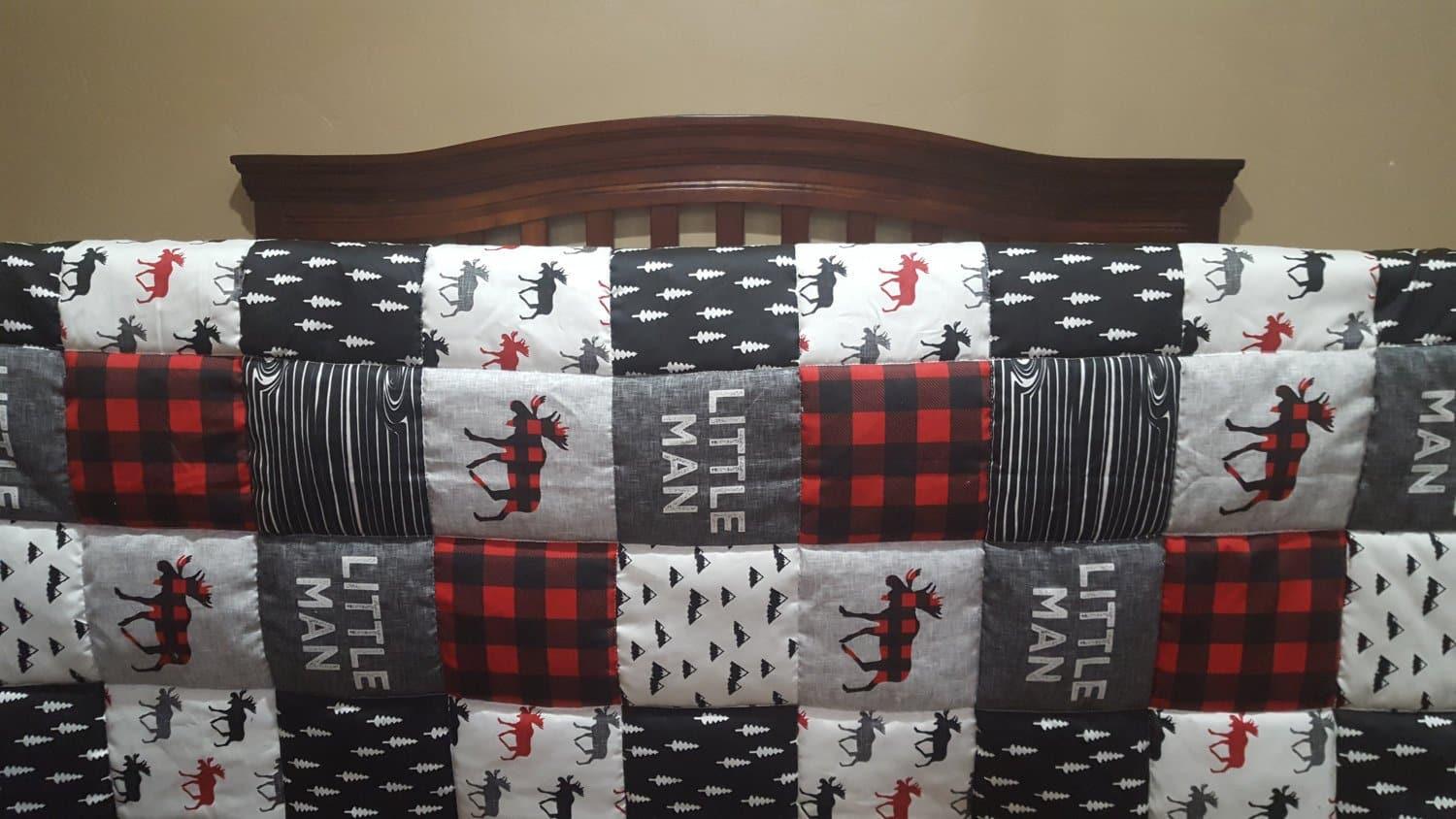 Twin, Full, or Queen Comforter - Little Man Moose Patchwork Print in red and black