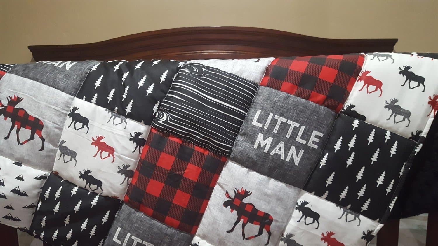 Twin, Full, or Queen Comforter - Little Man Moose Patchwork Print in red and black