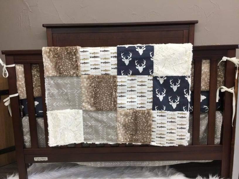 Twin, Full, or Queen Patchwork Blanket - Buck, Trout, and Fawn Minky Woodland Blanket