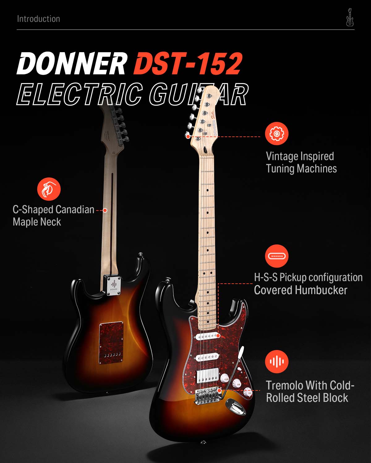 Donner DST-152 39-inch ST Electric Guitar Kit HSS w/Coil Split Pickup Including AMP