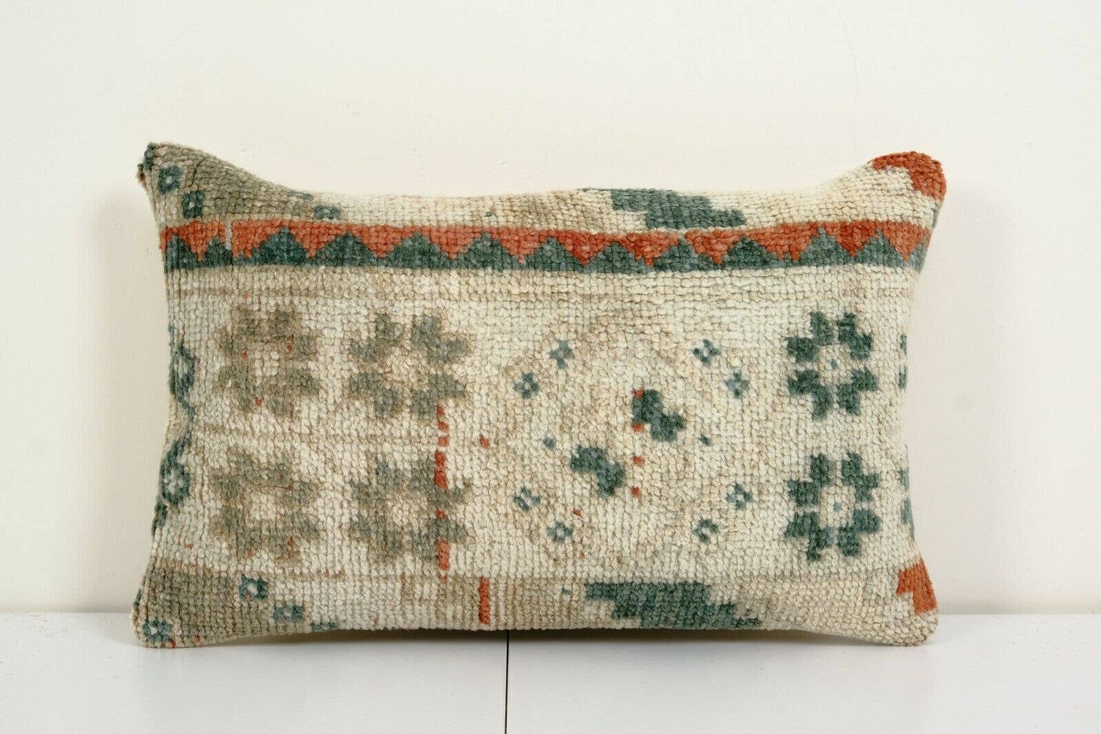 Vintage Turkish Yastik Rug Pillow, Muted Greens + Creams