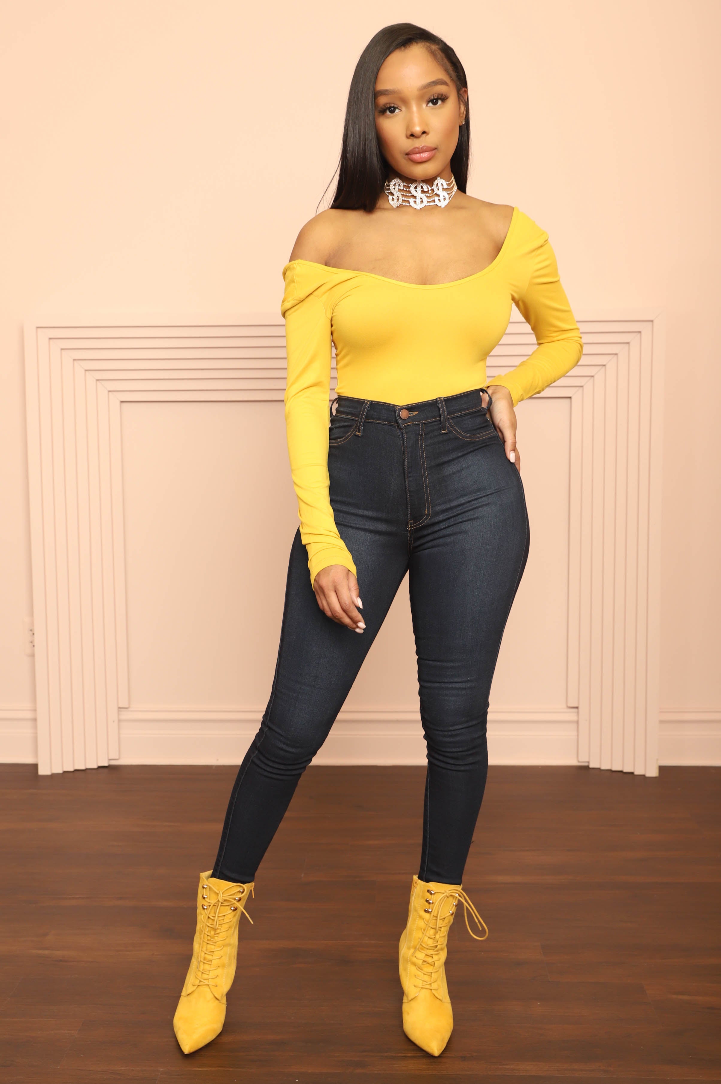 Privacy Please Long Sleeve Bodysuit - Mustard